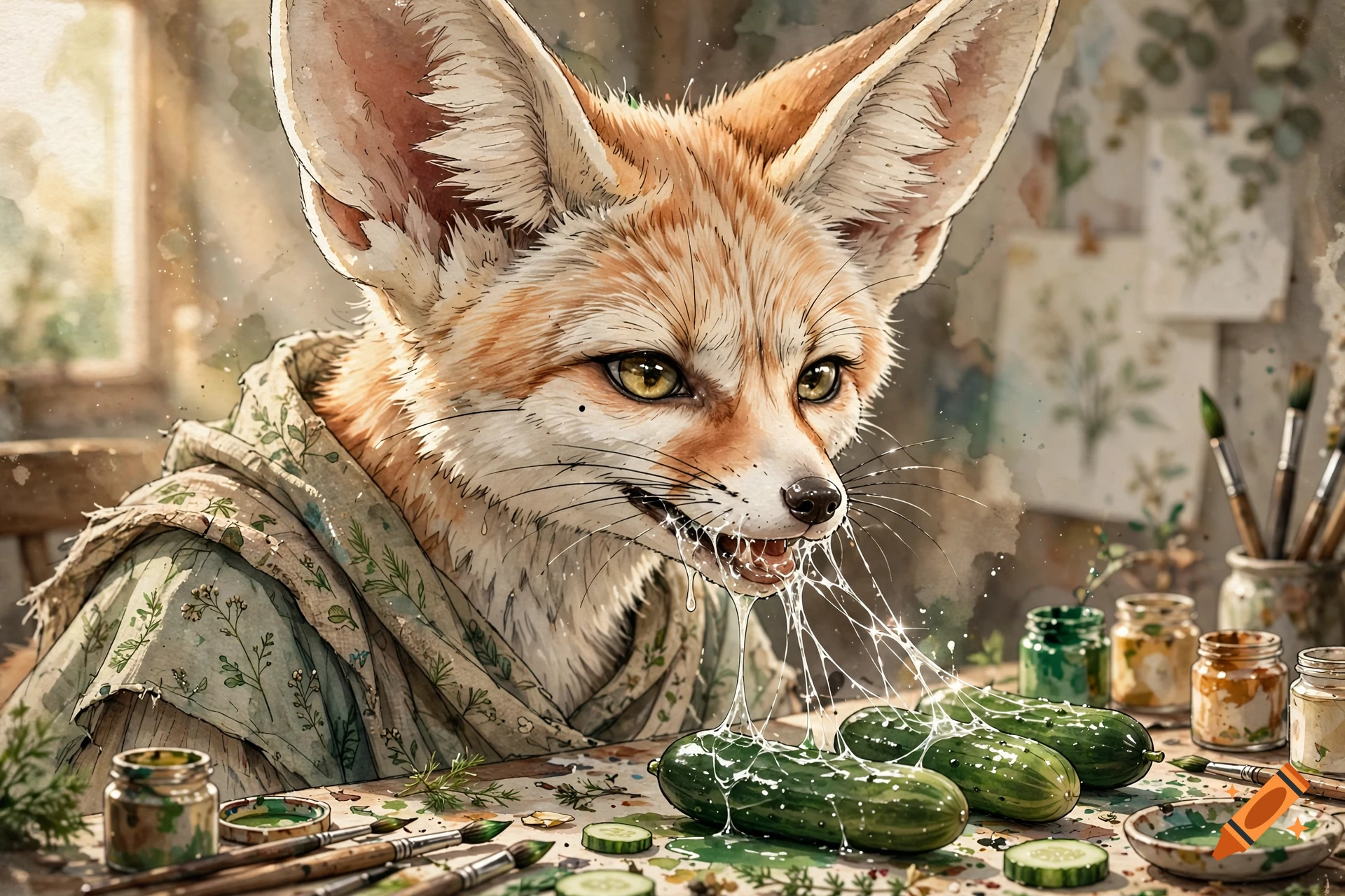 Watercolor indie illustration of an anthro fennec fox mouth-painting cucumbers with viscous saliva.