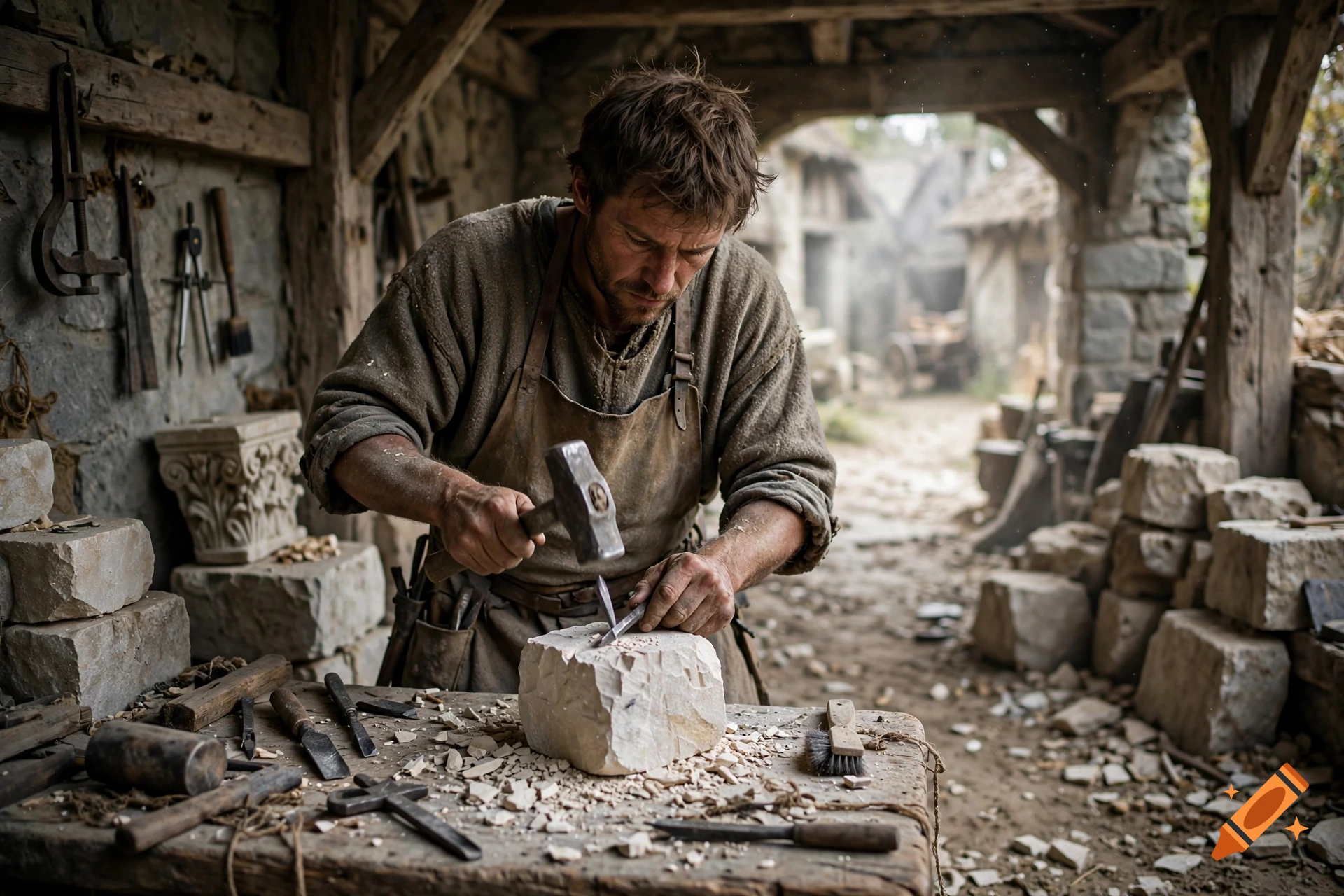 Photorealistic image of a medieval mason carving a stone block with a hammer and chisel in a workshop.