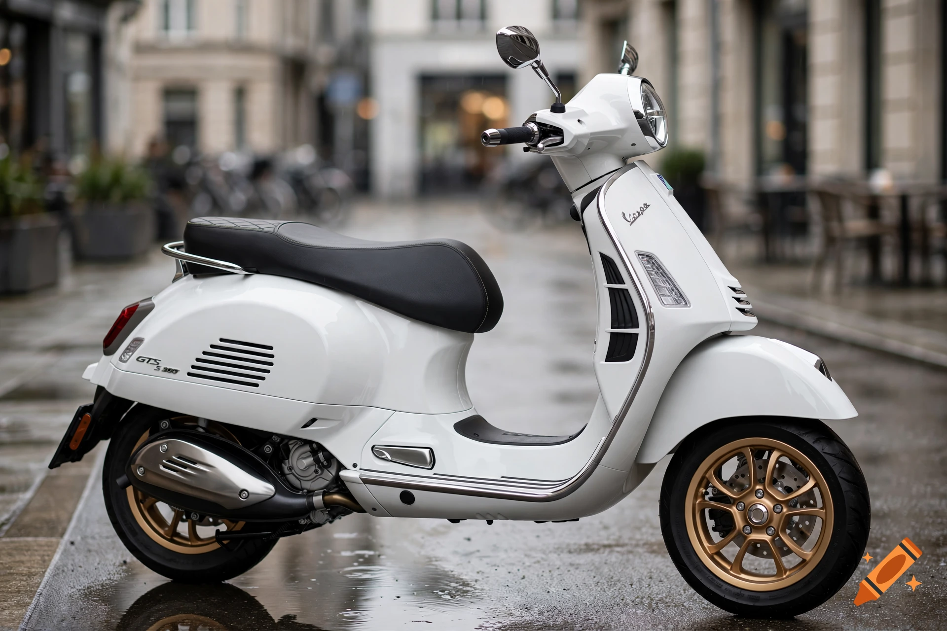 Photorealistic side view of a white Vespa GTS 300 scooter with gold wheels parked on a wet European street.