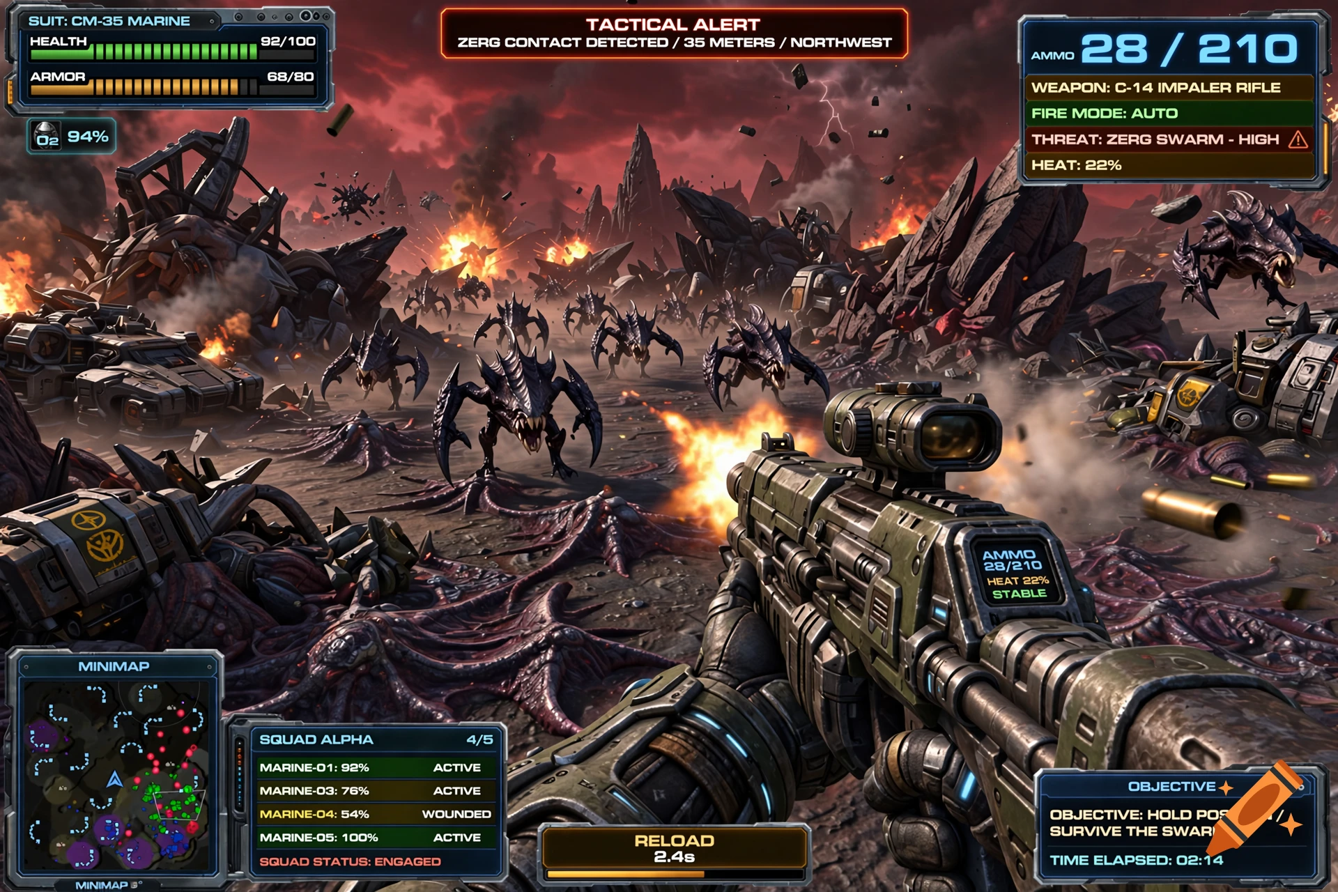 First-person shooter perspective in a Starcraft-inspired universe, holding a rifle against an alien Zerg swarm.