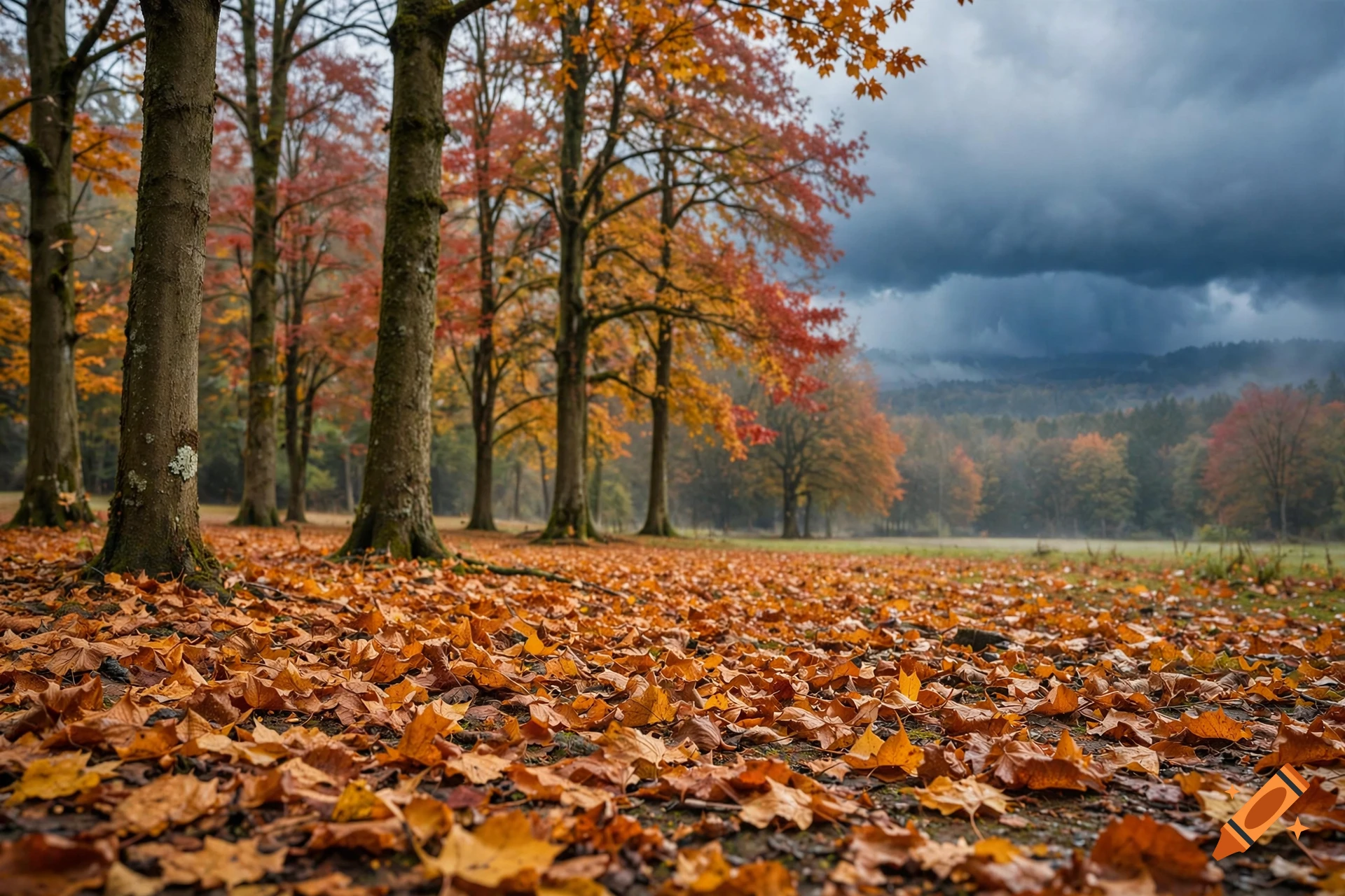 Photorealistic autumn landscape with tall trees and scattered orange and brown maple leaves covering the ground under a dark stormy sky.
