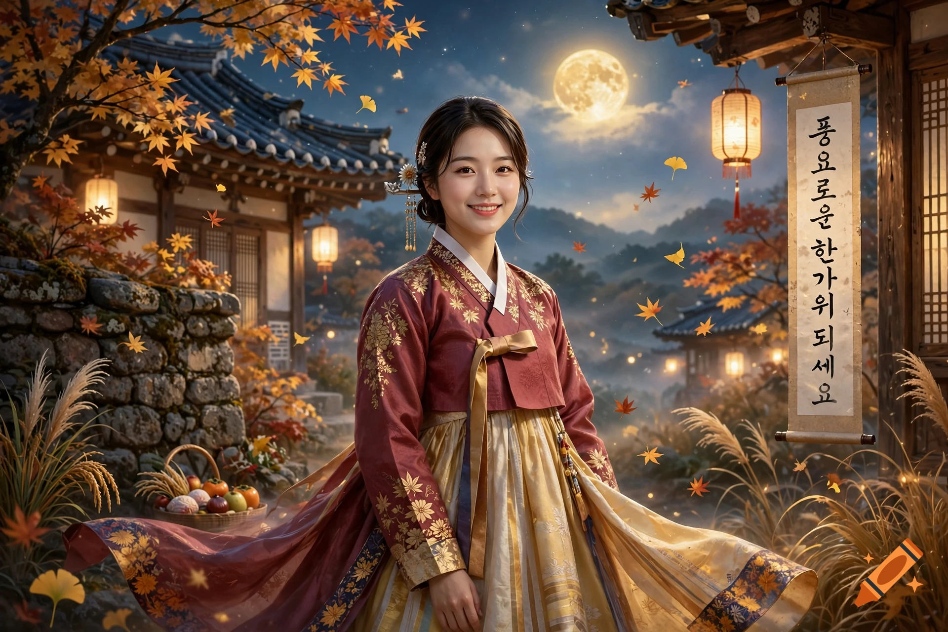 A smiling young woman in a traditional Korean hanbok dress standing outdoors at night under a full moon with paper lanterns.