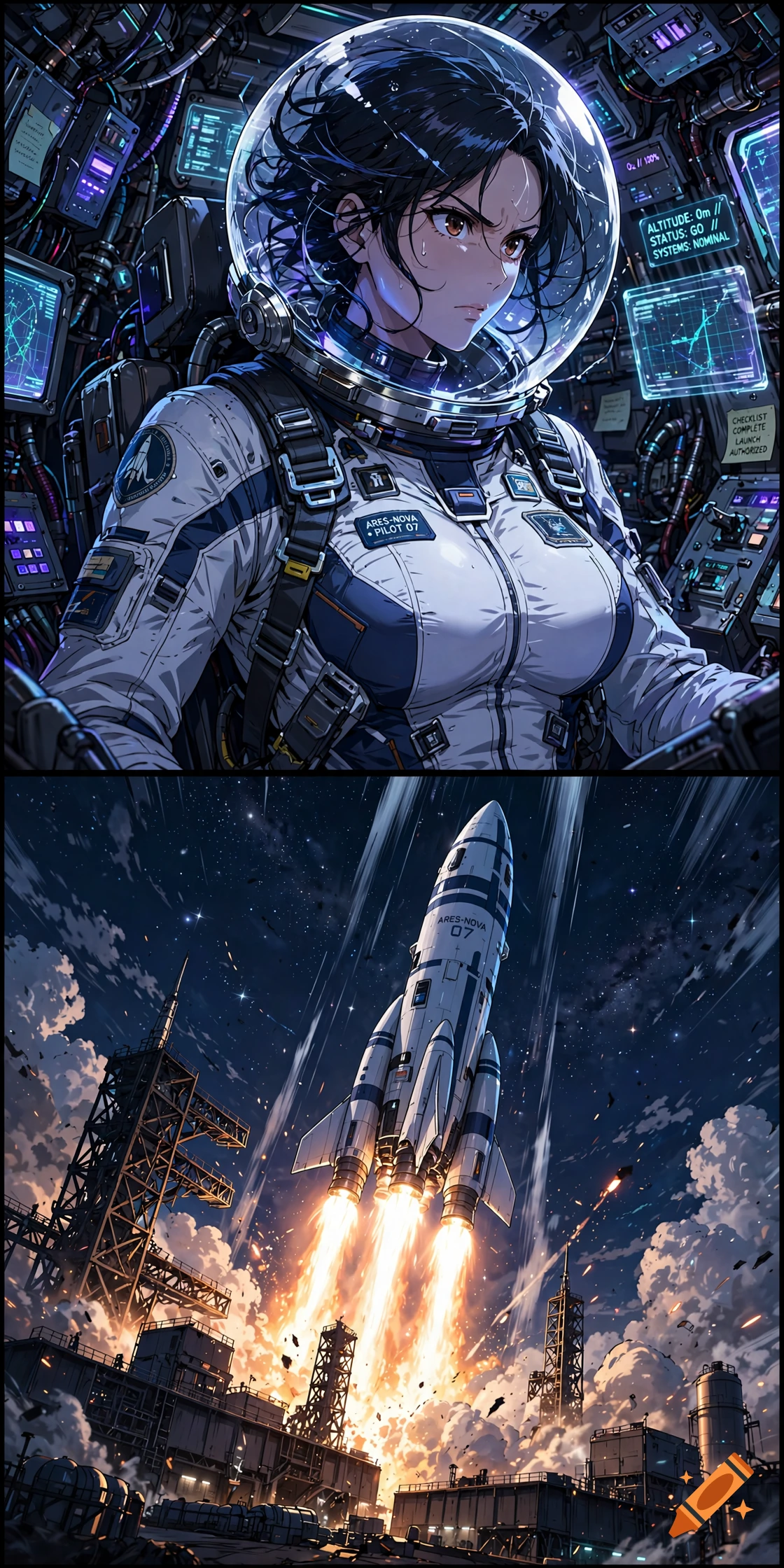 Anime style split image showing a female astronaut in a rocket cockpit and a rocket lifting off from a launchpad.