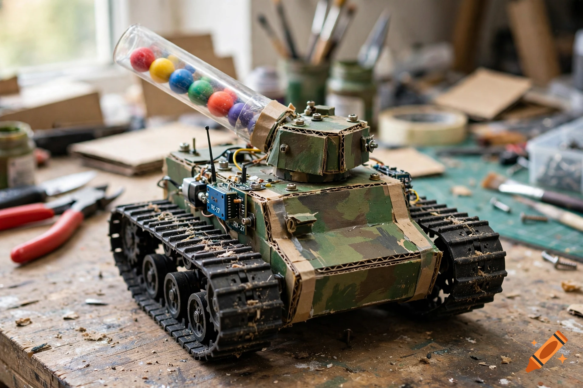 A handmade toy tank made of cardboard and electronic parts with a transparent tube holding colorful gumballs as a cannon, set on a cluttered workbench.