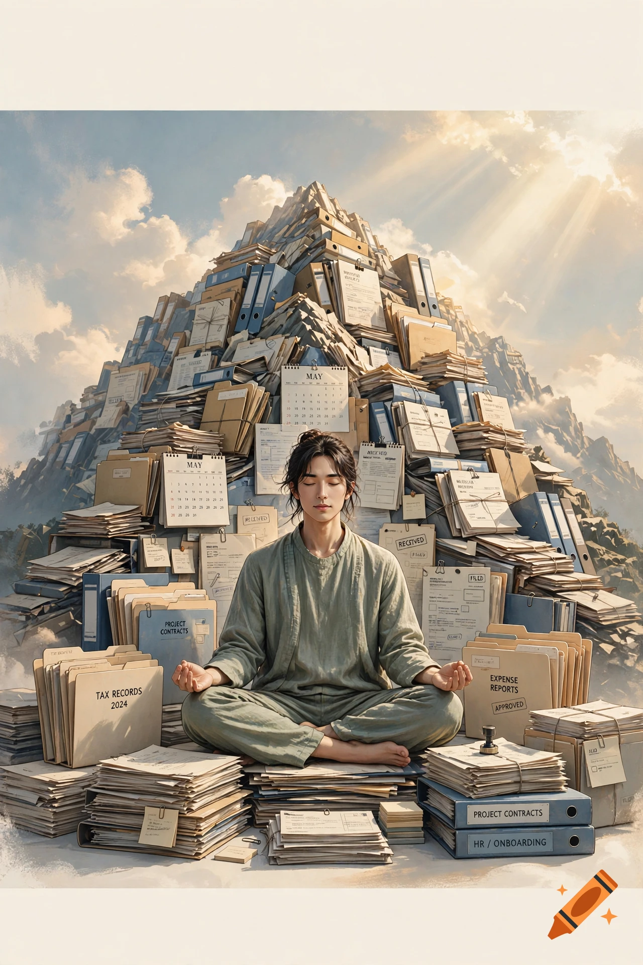 A person meditating in a lotus pose amidst a towering mountain made of paperwork, folders, and binders under a bright cloudy sky.