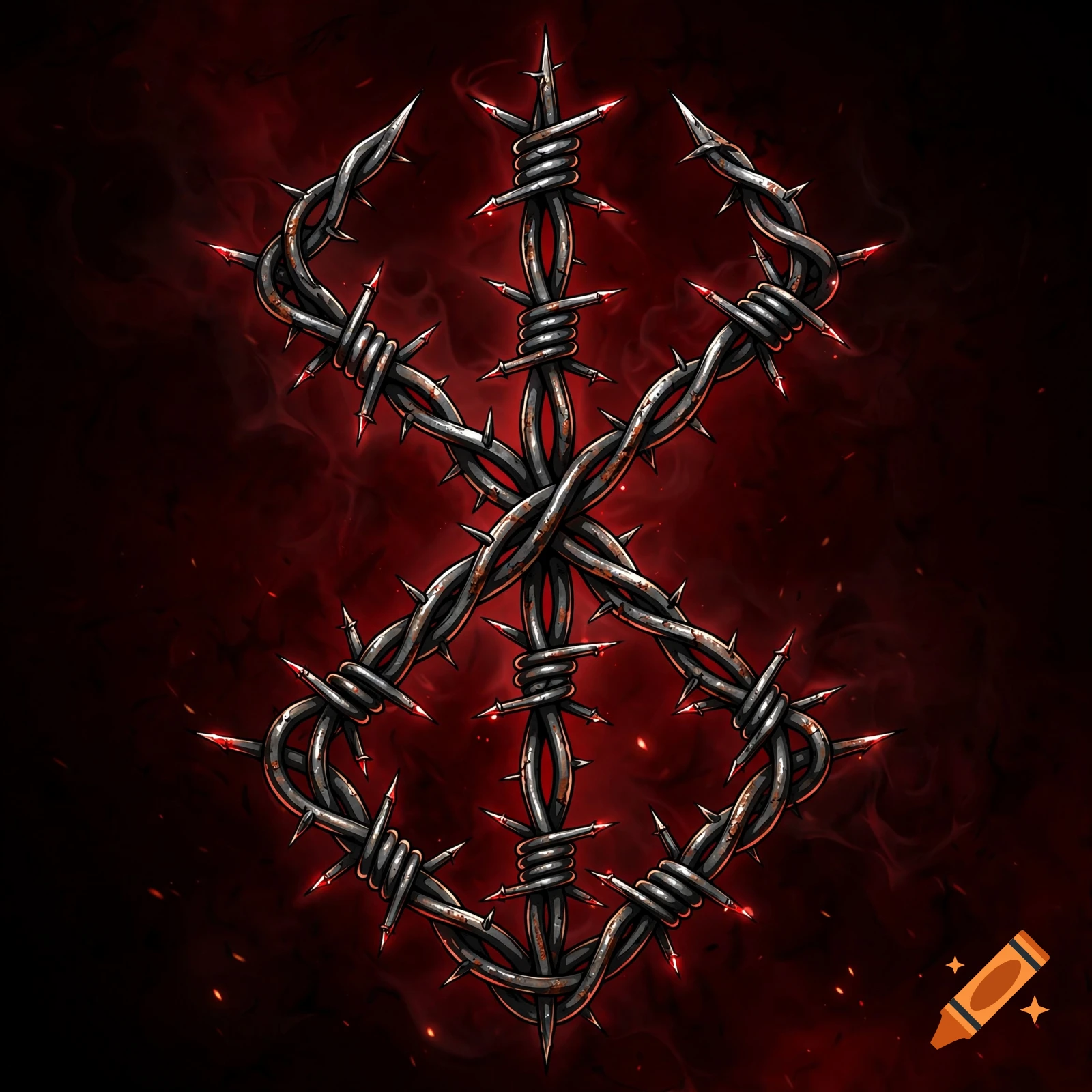 The Berserk symbol of sacrifice rendered in glowing barbed wire against a dark red smoky background.