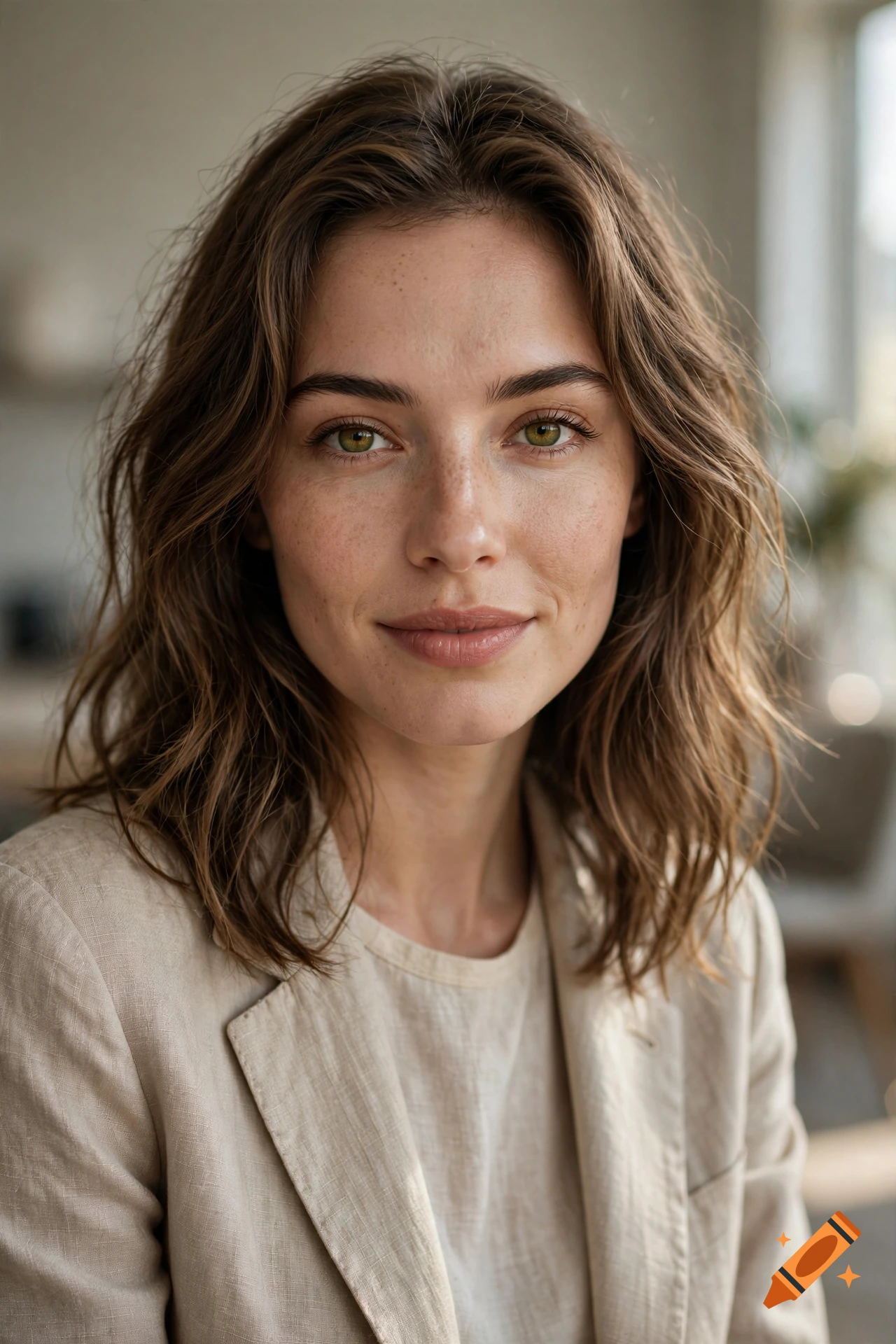 Photorealistic close-up portrait of a woman with brown wavy hair, green eyes, and freckles, wearing a beige blazer.