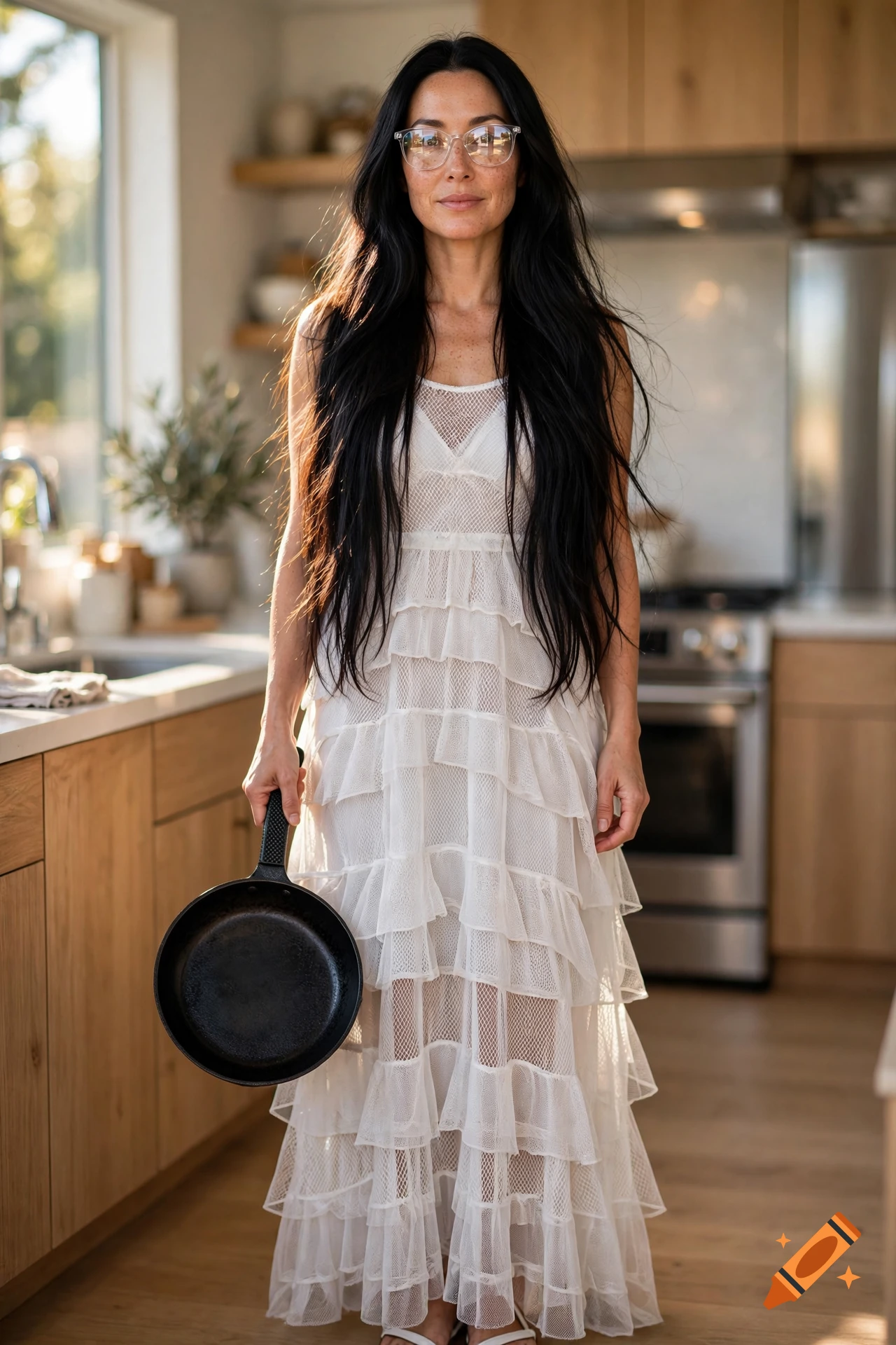 A woman with long black hair and glasses wearing a white mesh dress, holding a black frying pan in a kitchen, photorealistic.