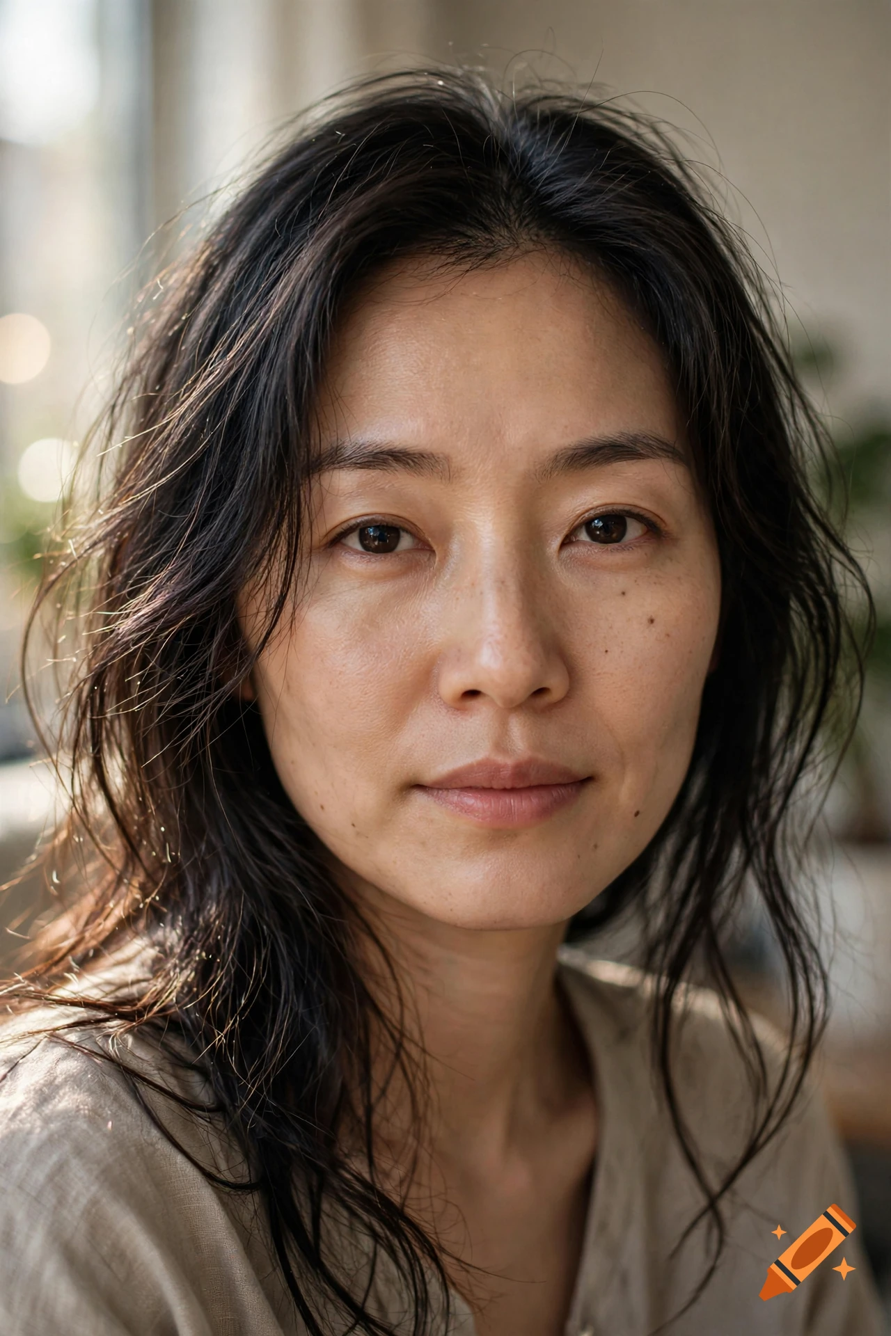 Close-up photorealistic portrait of an Asian woman with long dark hair and neutral expression.