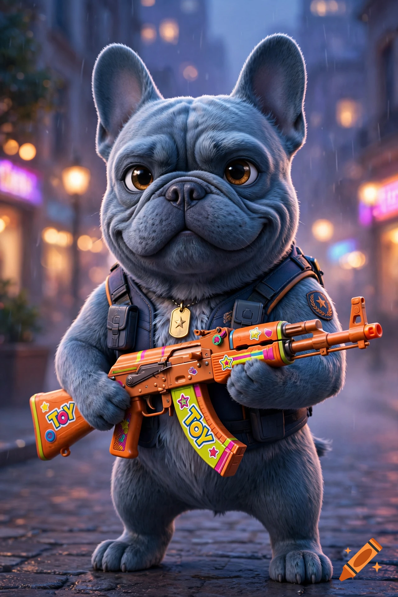 3D animated style French bulldog wearing a tactical vest and holding a colorful toy rifle, in a blurry city street at dusk.