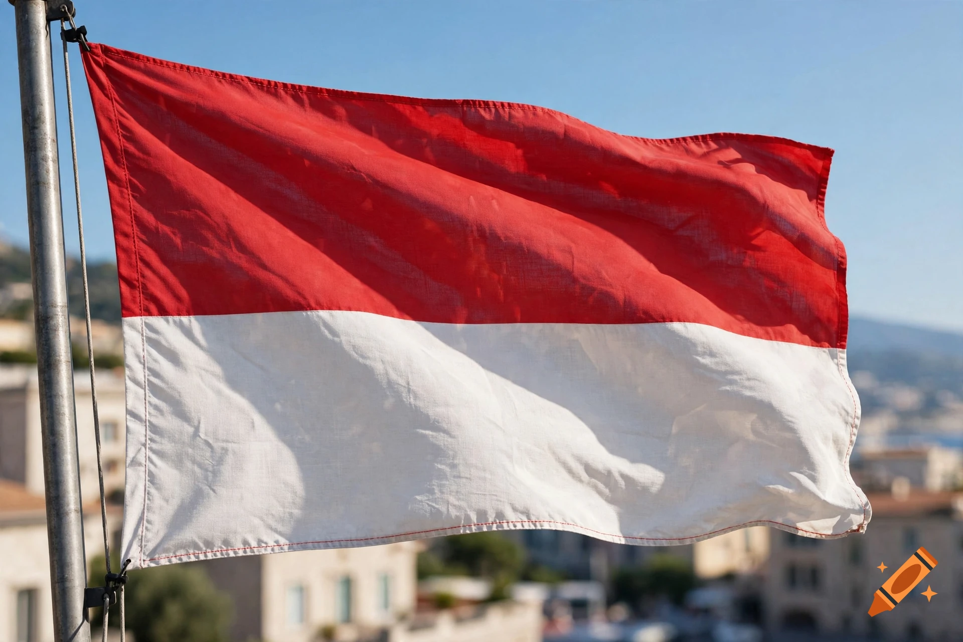 Photorealistic image of the flag of Monaco waving on a flagpole against a blue sky with blurred buildings in the background.