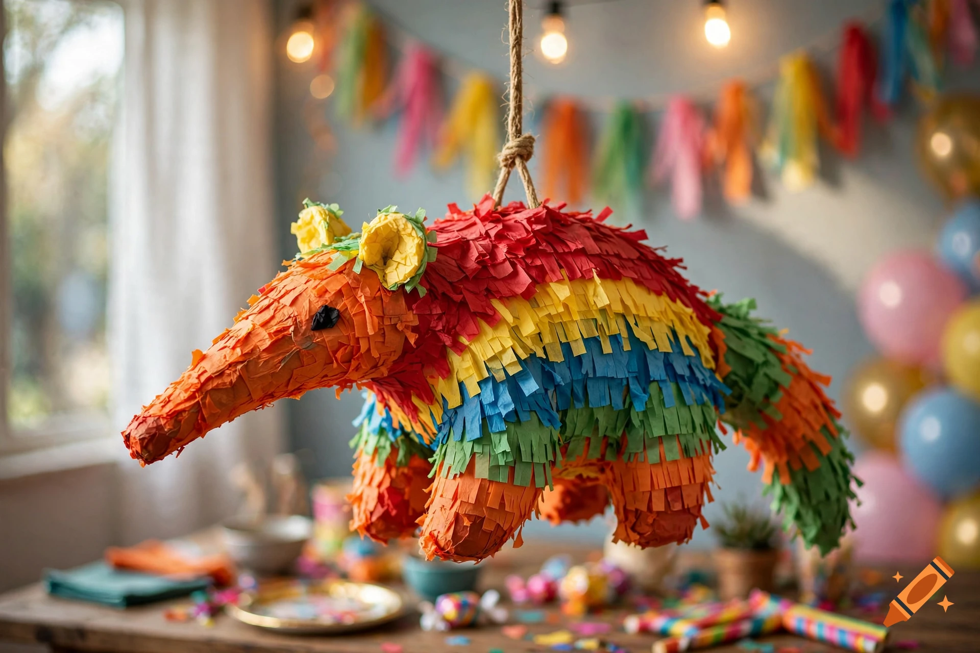 A colorful anteater pinata hanging from a string in a decorated party room.