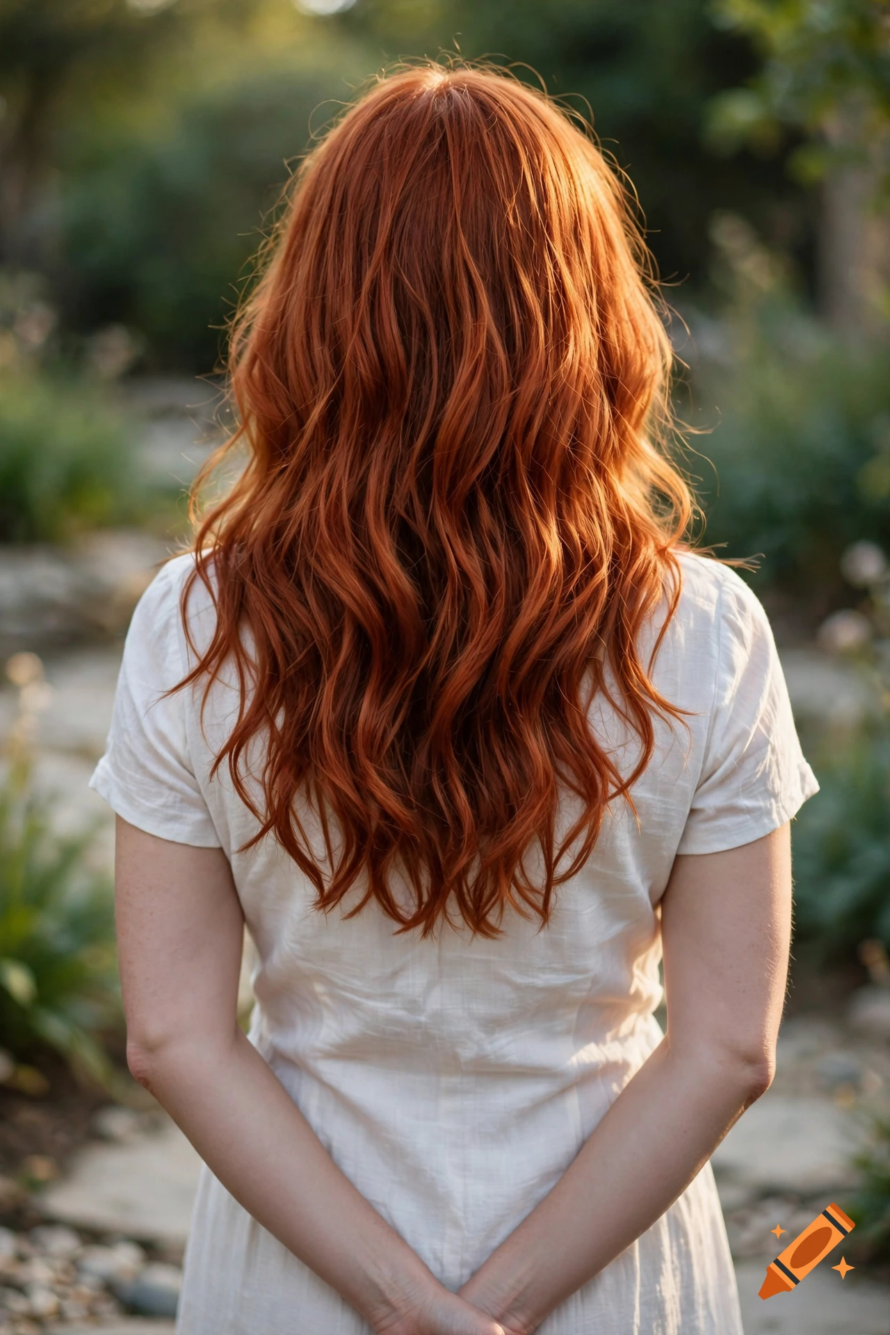 Photorealistic view from behind of a woman with long wavy red hair wearing a white dress.