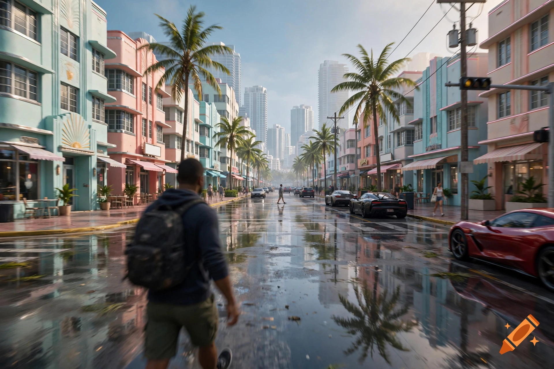 Photorealistic view of a wet city street lined with pastel Art Deco buildings and palm trees, with a person walking away in the foreground.
