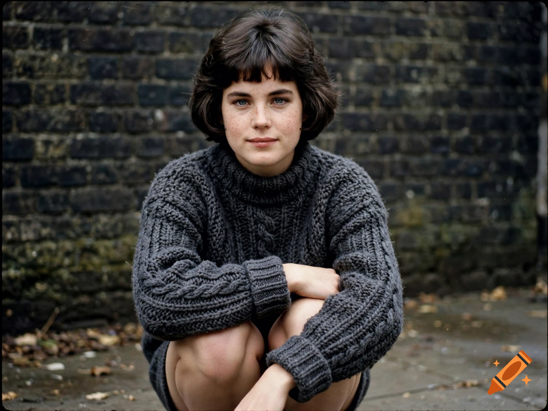 Vintage 1980s color photograph of a young woman with a short bob haircut squatting in front of a dark brick wall wearing a grey sweater.