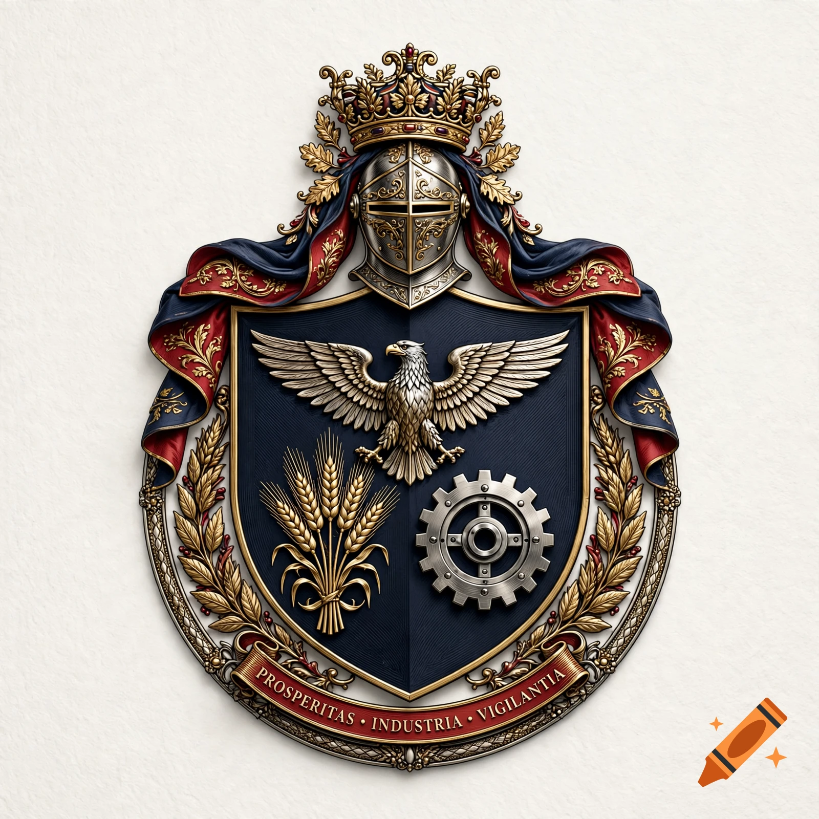 Detailed heraldic coat of arms with a knight's helmet, eagle, wheat stalks, and a gear wheel, featuring Latin text.