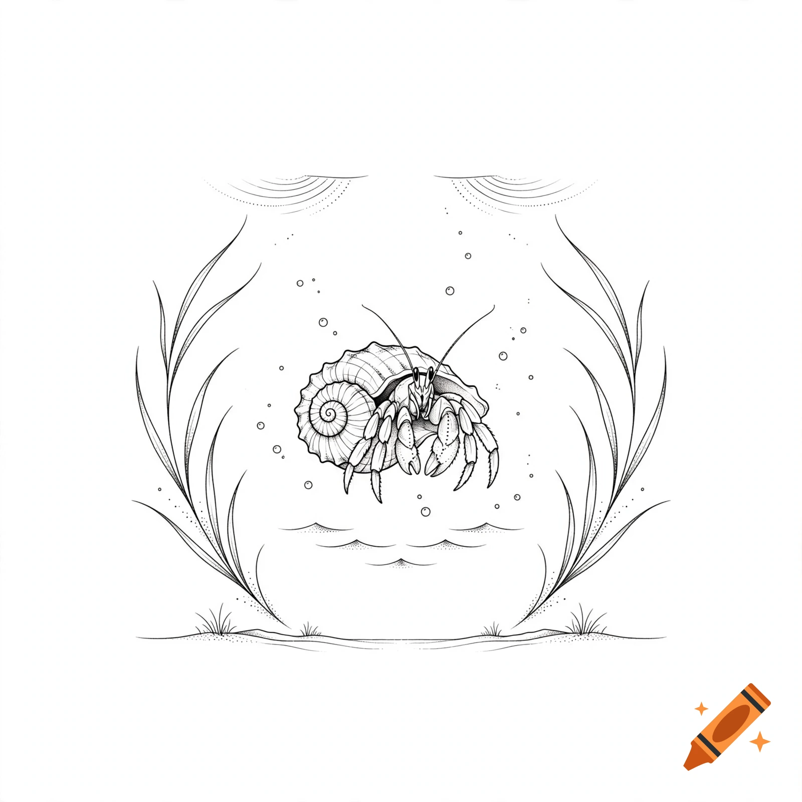 Minimalist fineline tattoo design of a hermit crab in a seashell surrounded by bubbles and seagrass, black and white.