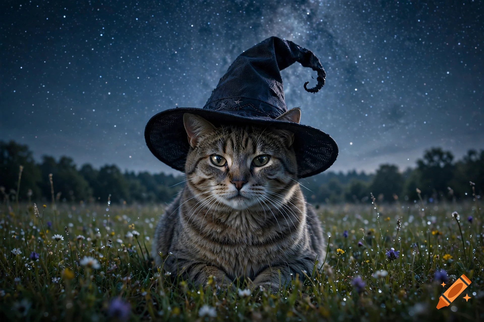 Photorealistic tabby cat wearing a black witch hat, sitting in a flower-filled meadow under a starry night sky.