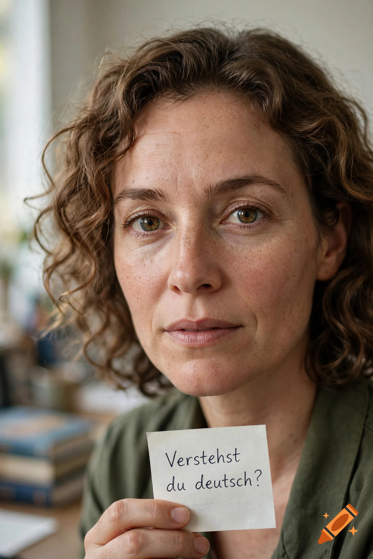 Photorealistic close-up portrait of a woman with curly brown hair and freckles holding a note that reads 'Verstehst du deutsch?'