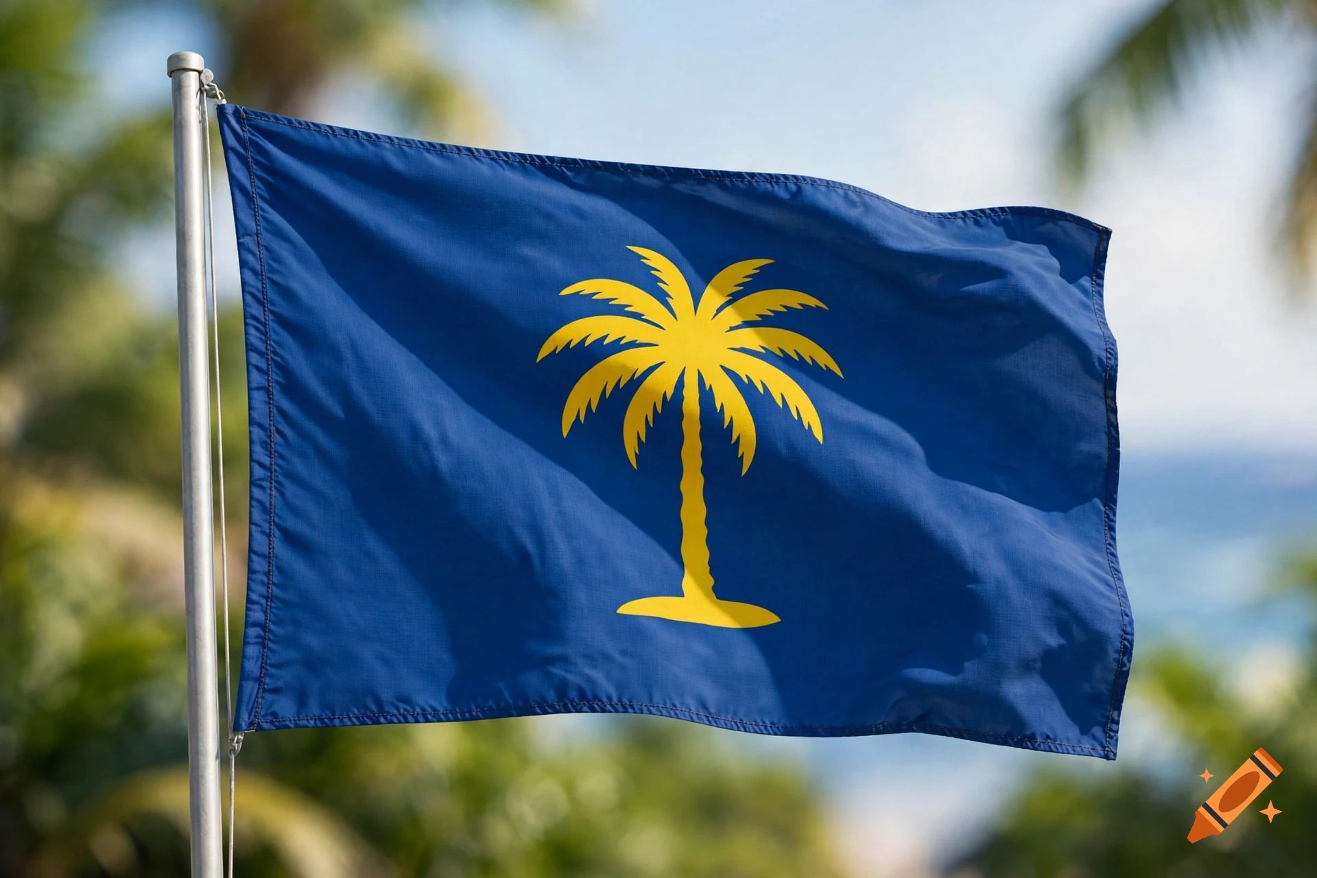 A blue flag with a yellow palm tree symbol waving on a flagpole against a blurred tropical background.