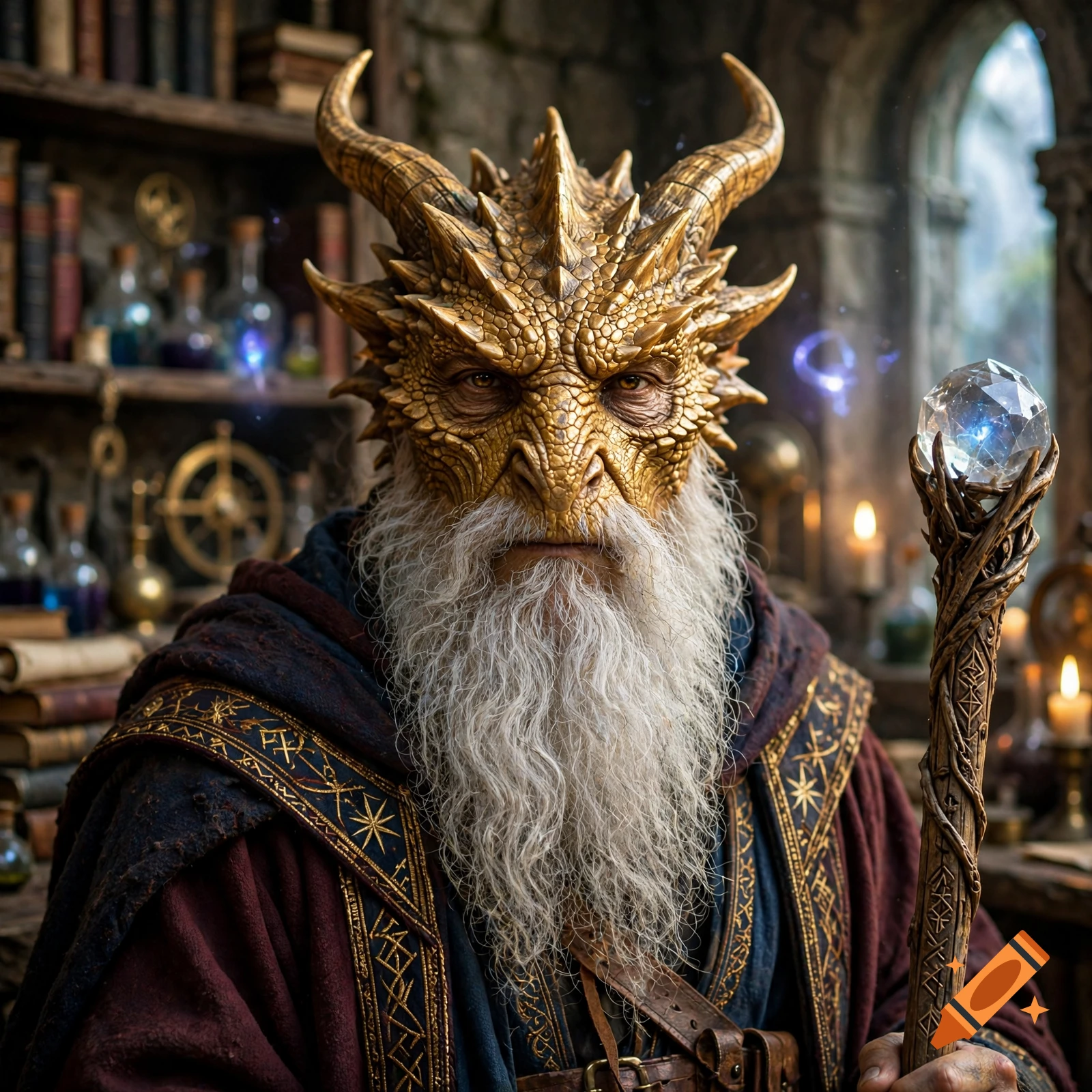 Close-up photorealistic portrait of an older gold dragonborn wizard with a white beard holding a glowing staff in a cluttered magical study.
