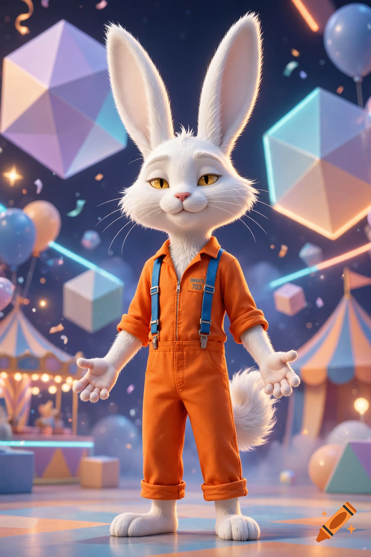 Digital art of a tall, white anthropomorphic cat-rabbit hybrid in an orange prison jumpsuit with blue suspenders, standing in a colorful circus setting.