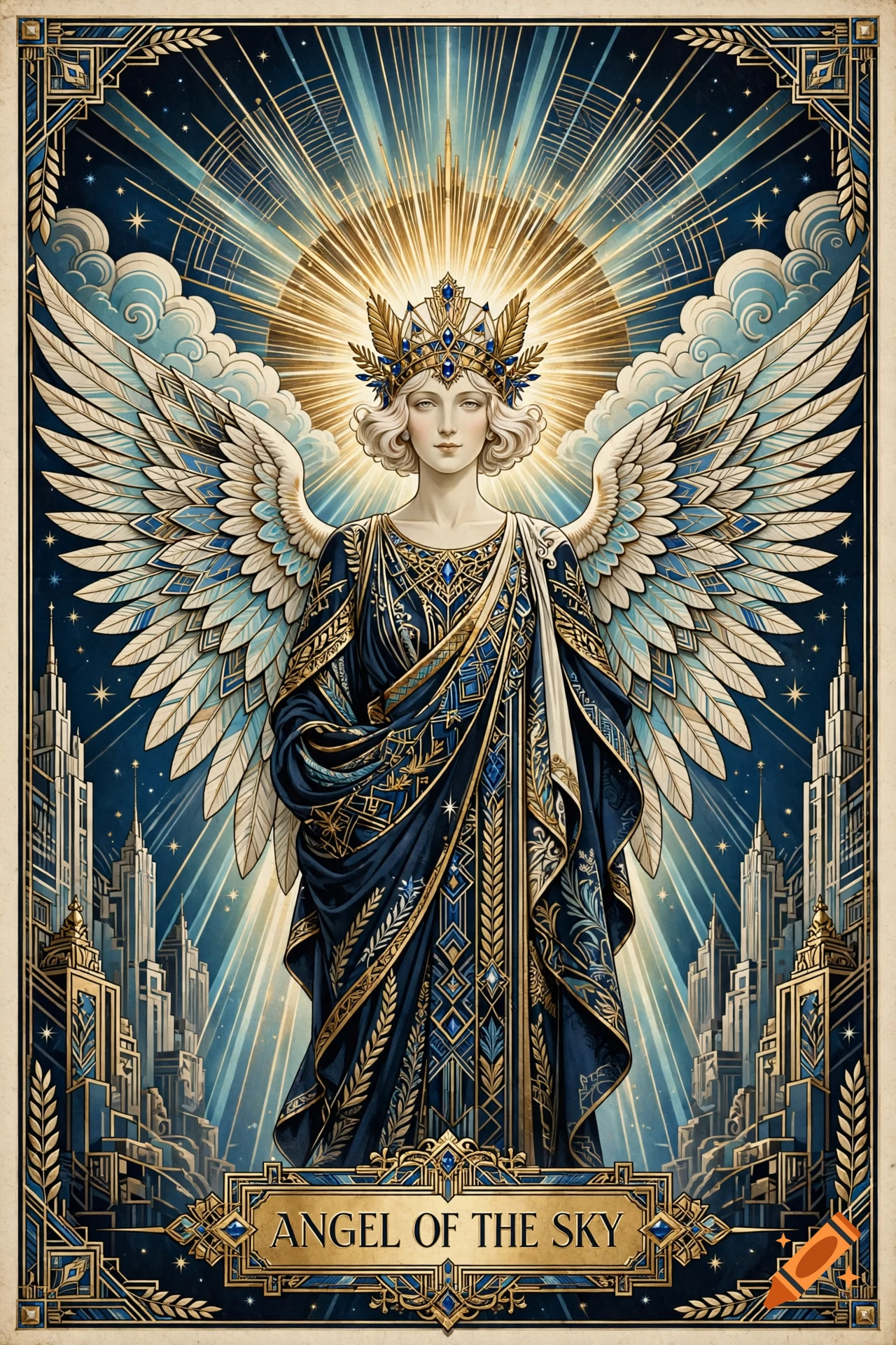 An art deco style illustration of an angel with large feathered wings, a crown, and a blue and gold robe, with the text 'ANGEL OF THE SKY' at the bottom.