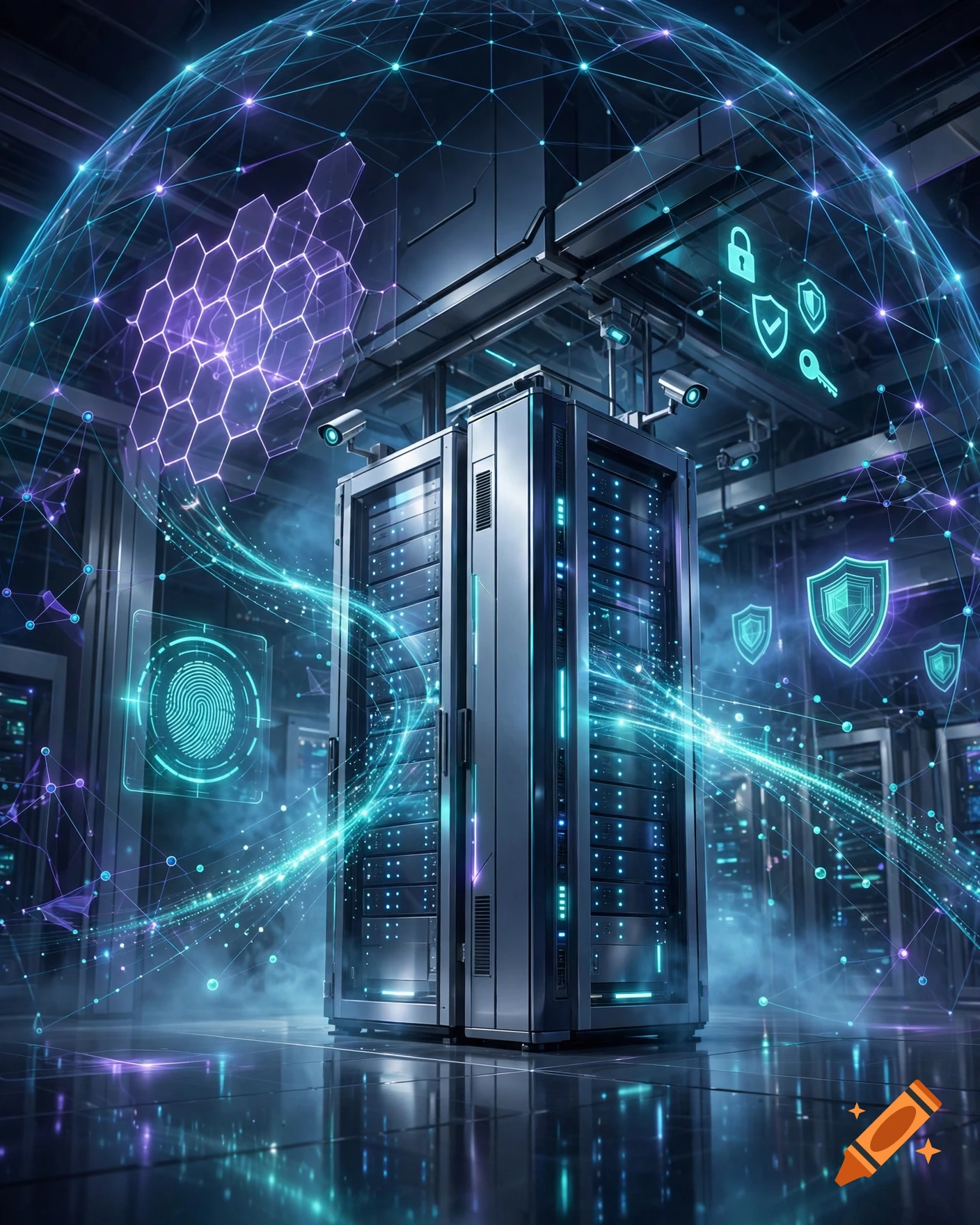 Futuristic server room with glowing blue data streams, security icons, and a digital network globe overhead.