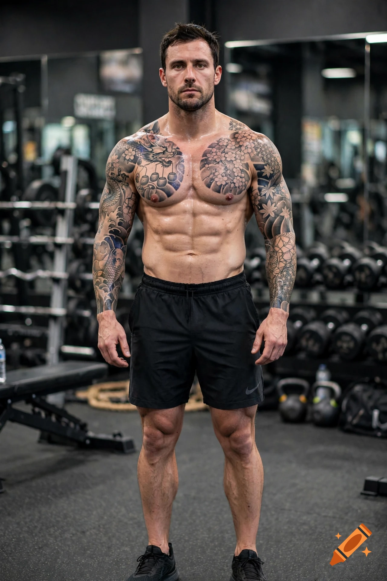 Photorealistic full-body portrait of a muscular, tattooed man standing in a gym.
