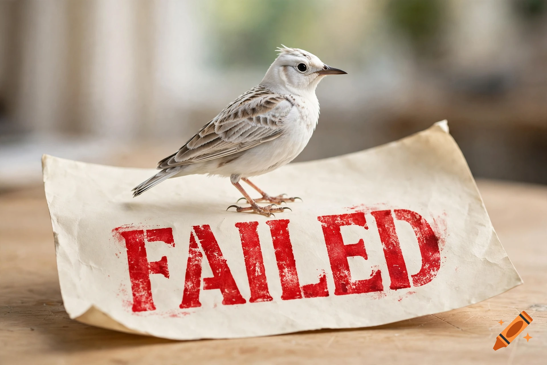 A photorealistic white bird standing on a piece of paper stamped with the word FAILED in red.