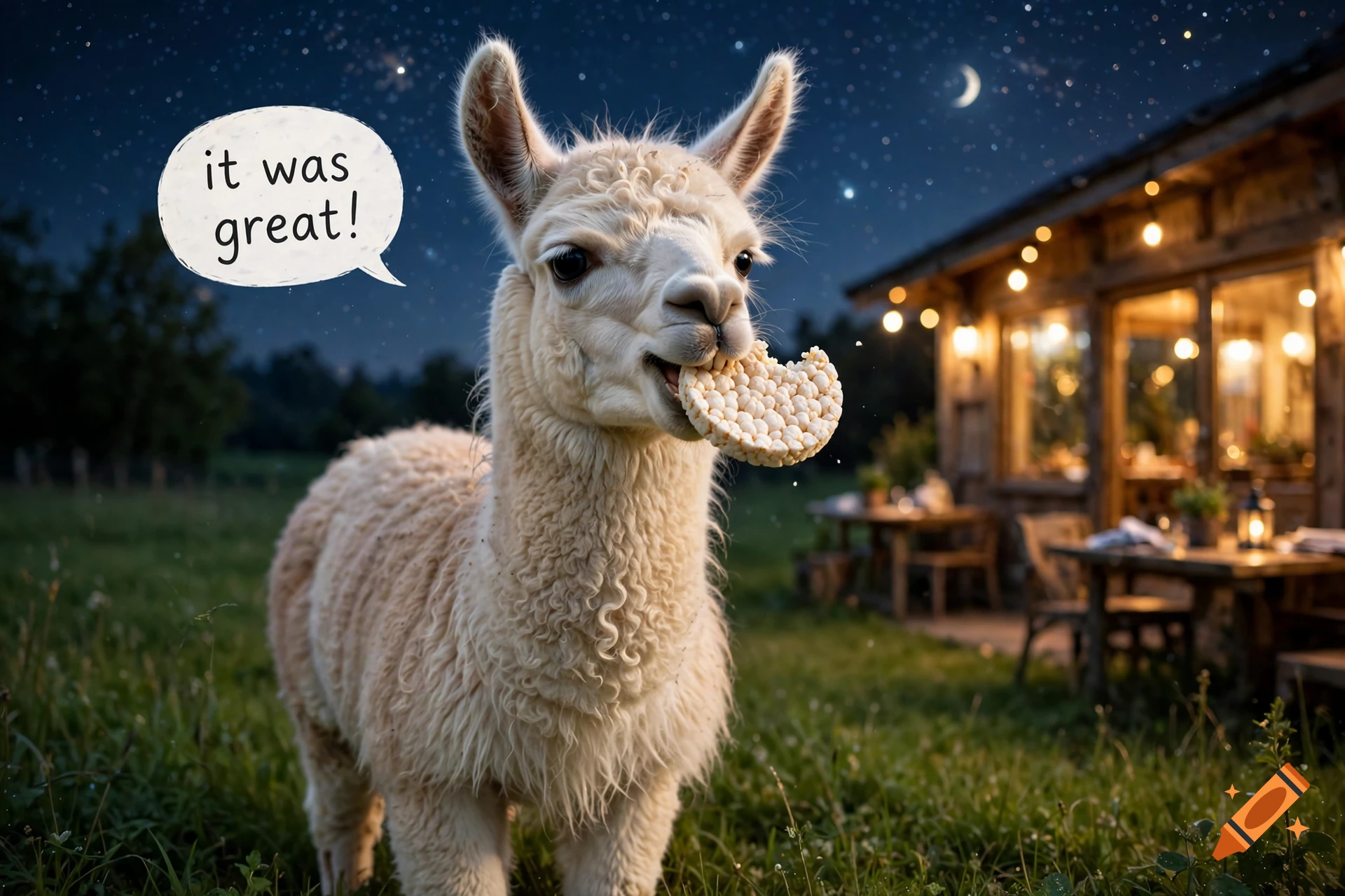 A photorealistic cute white llama eating a rice cake at night with a speech bubble saying "it was great!" near a lighted cabin.