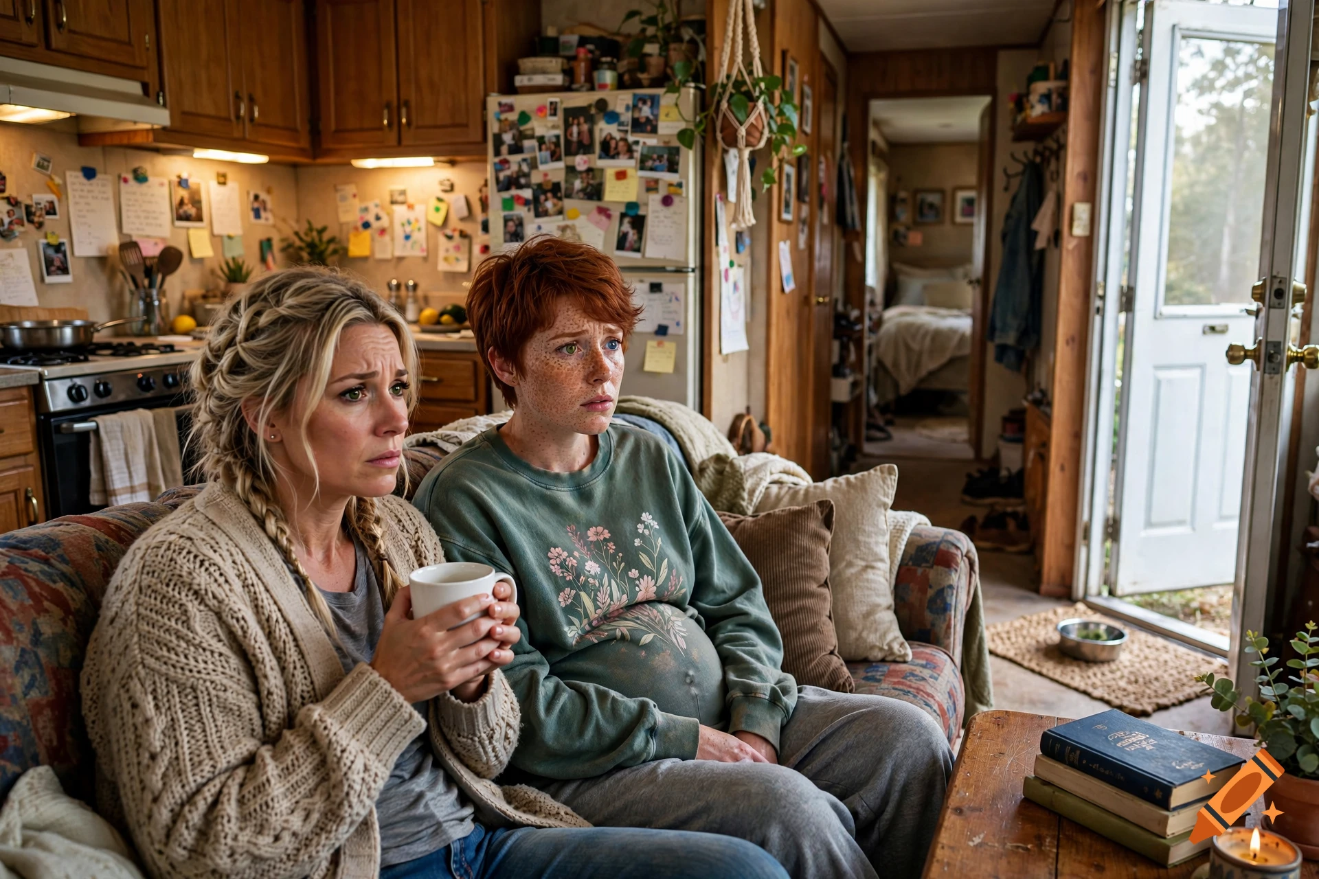 Photorealistic cinematic still of two concerned women sitting on a couch in a lived-in trailer home.