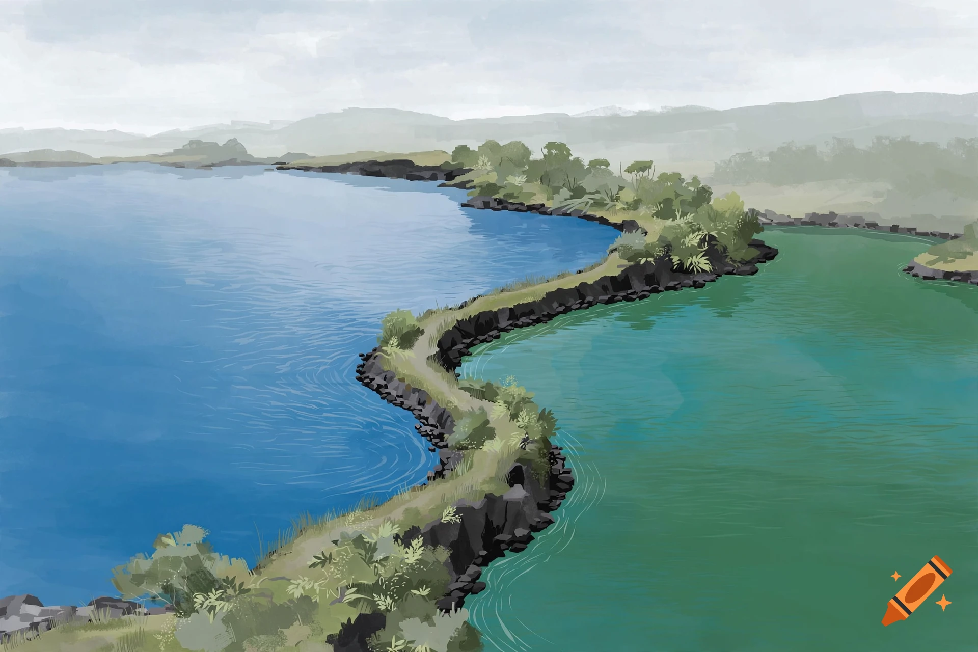 Minimalist digital painting of a narrow land bridge separating a blue lake and a green body of water in the Azores, with lush foliage.