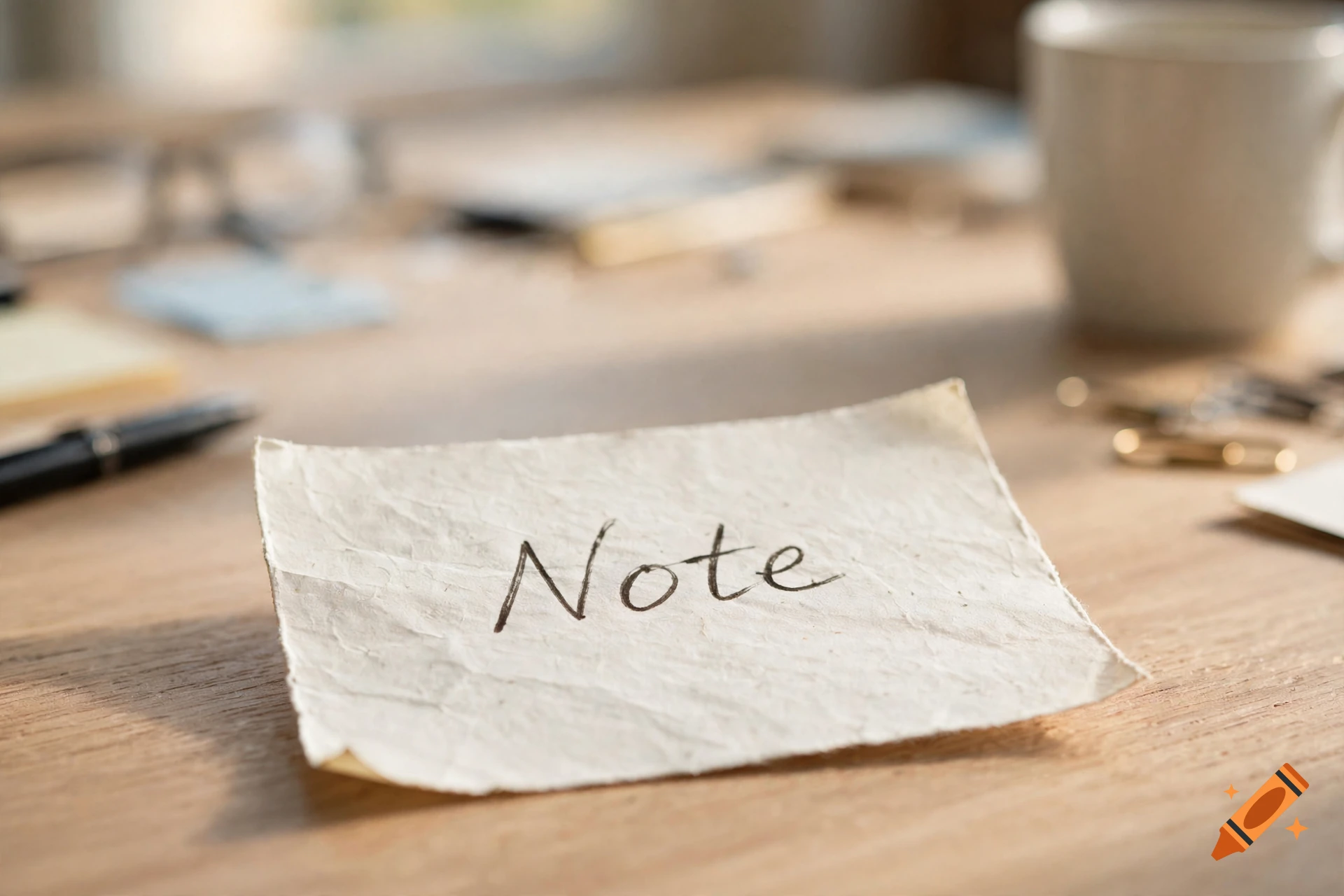 Photorealistic close-up of a small paper note with the word 'Note' written in cursive, resting on a wooden desk with a coffee mug in the background.