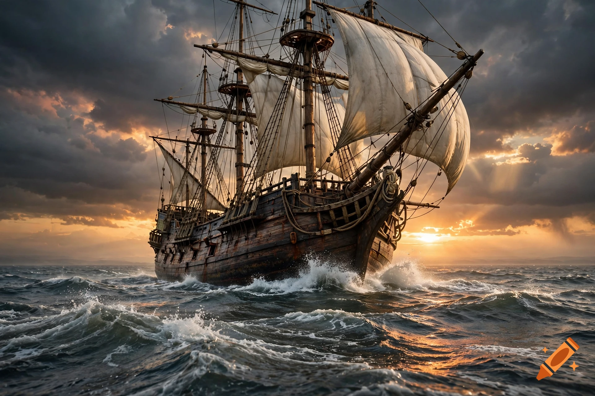 A large wooden sailing ship with white sails navigating choppy ocean waters during a dramatic sunset.