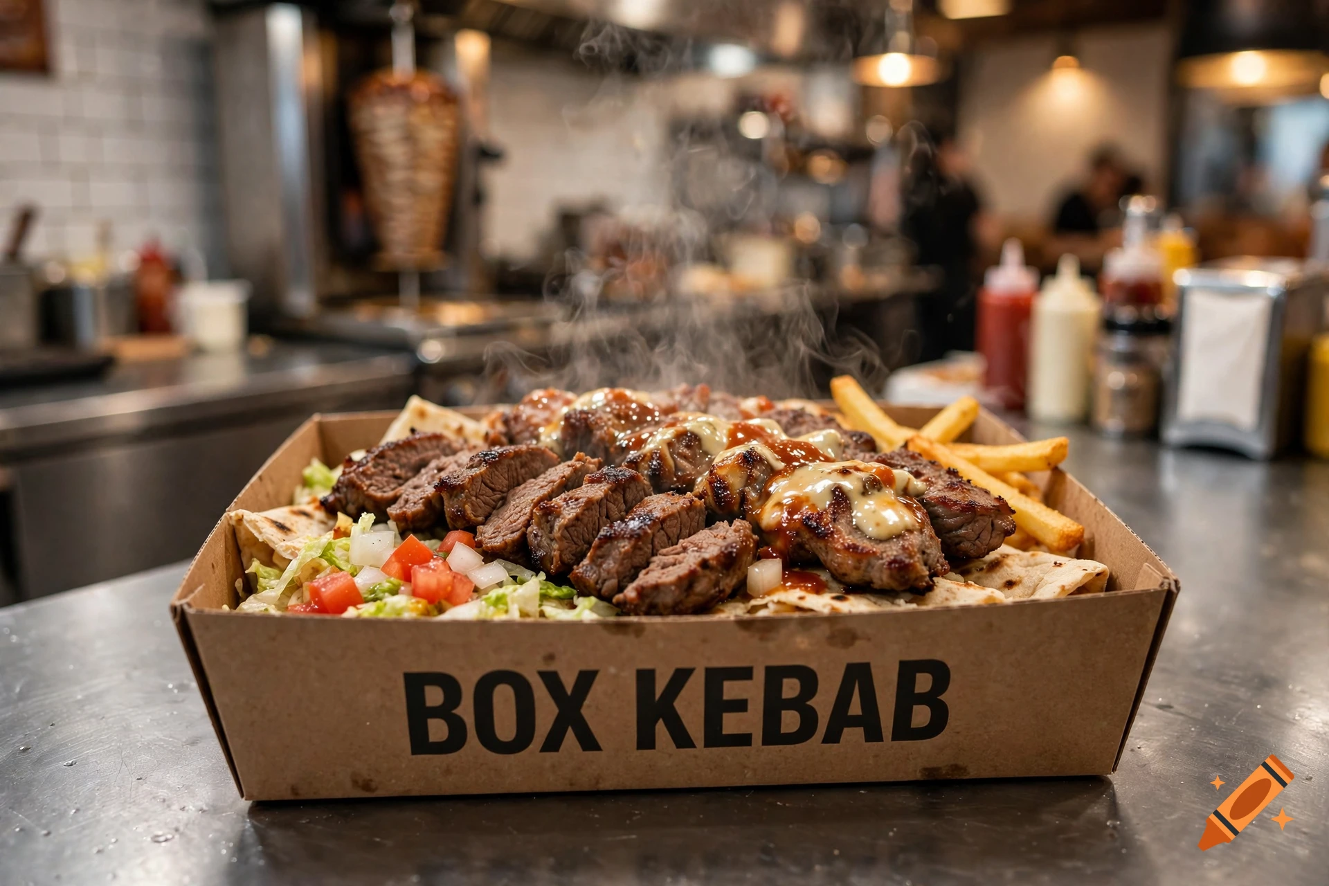 A box of mixed kebab with meat, fries, salad, and sauce on a restaurant counter, photorealistic.