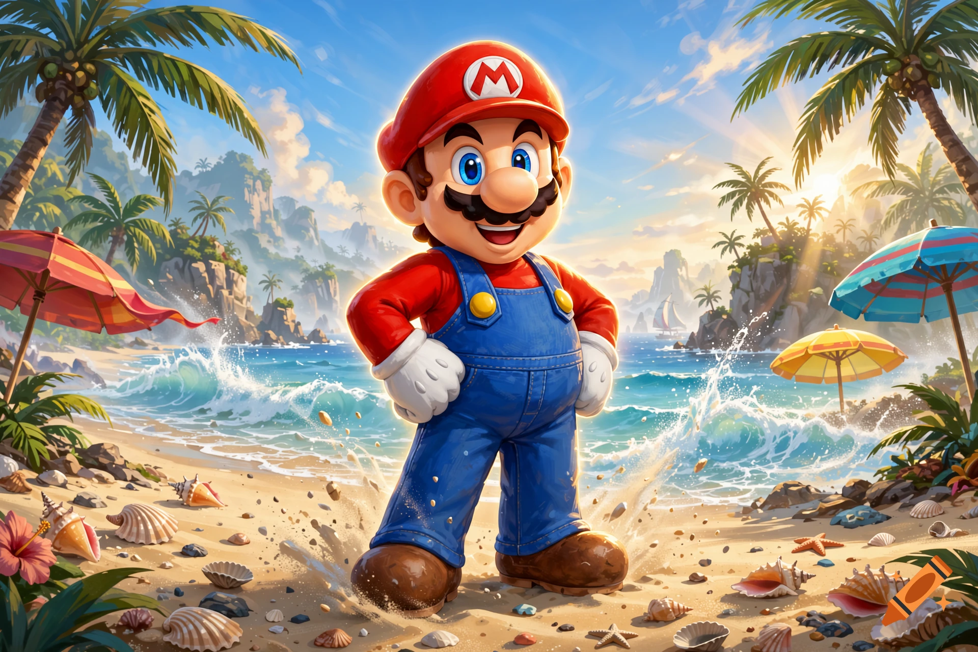 Mario stands smiling on a sunny tropical beach with palm trees and ocean waves in the background, digital art style.