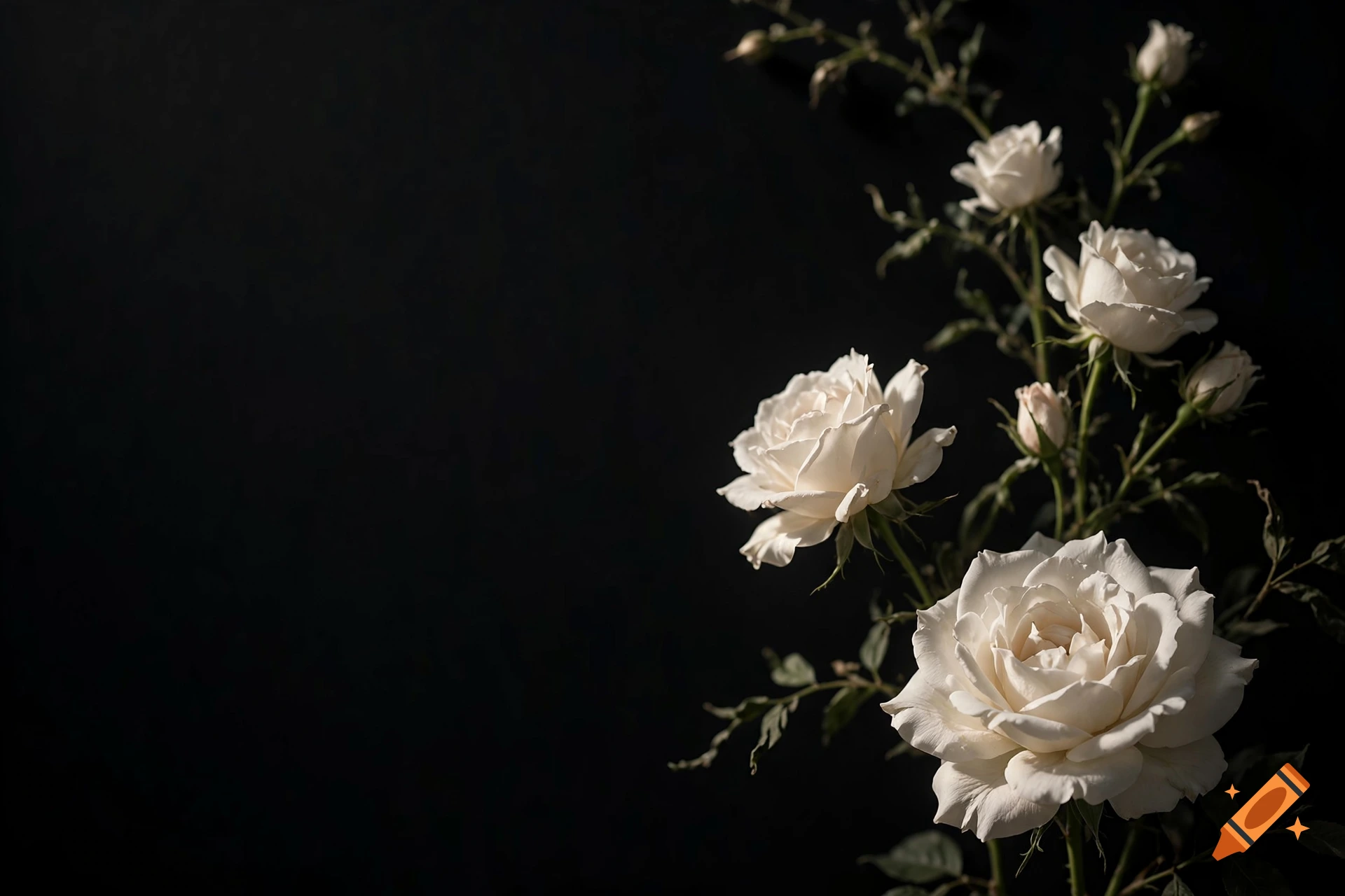 Photorealistic white roses with stems and leaves on the right side against a solid black background.