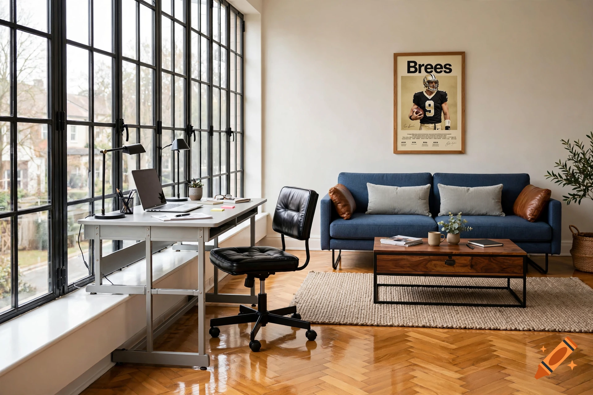 Modern living room with a blue sofa, wooden coffee table, herringbone parquet floor, and a home office desk by a large window.