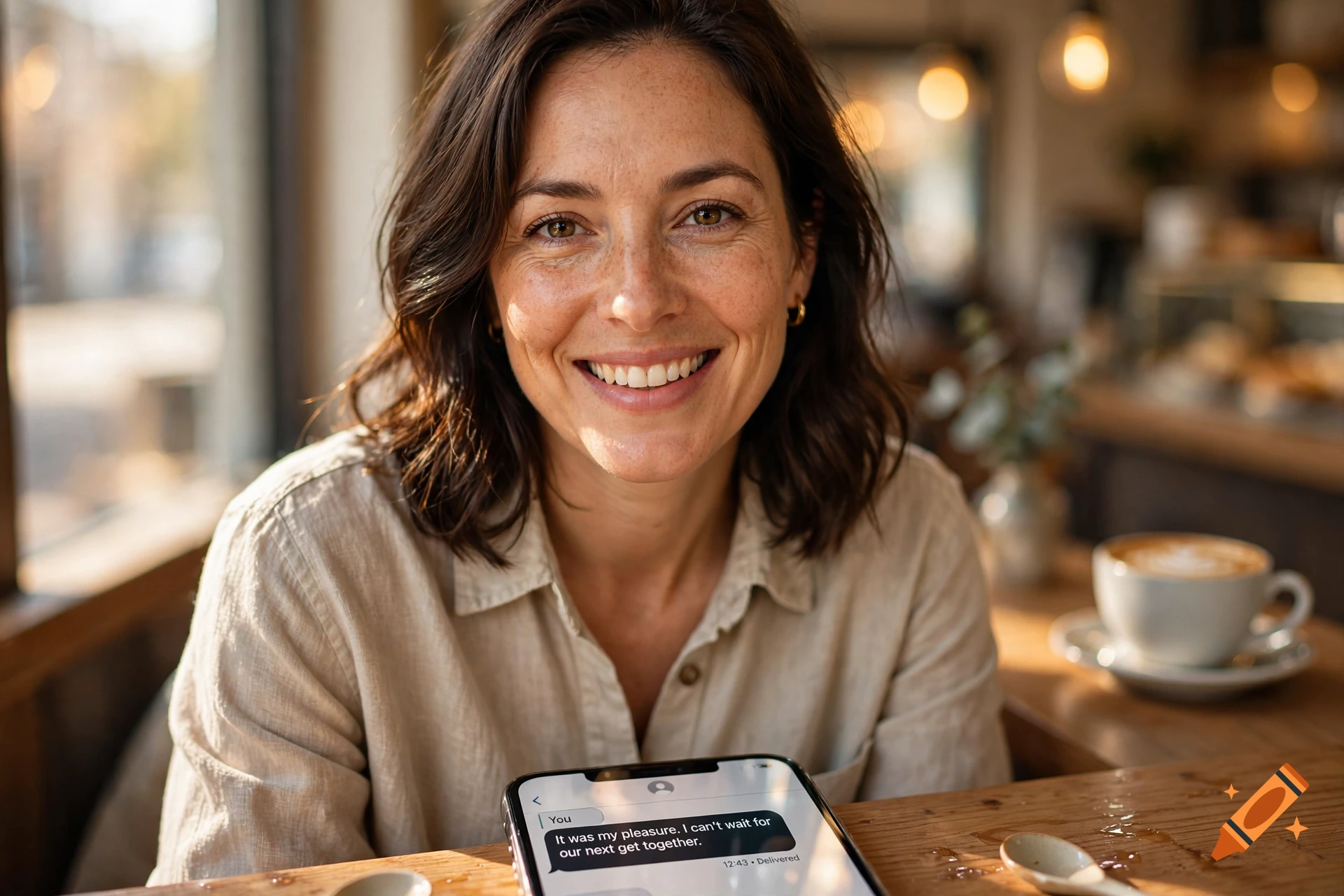 Photorealistic close-up of a smiling woman in a cafe, looking at a smartphone displaying a message.