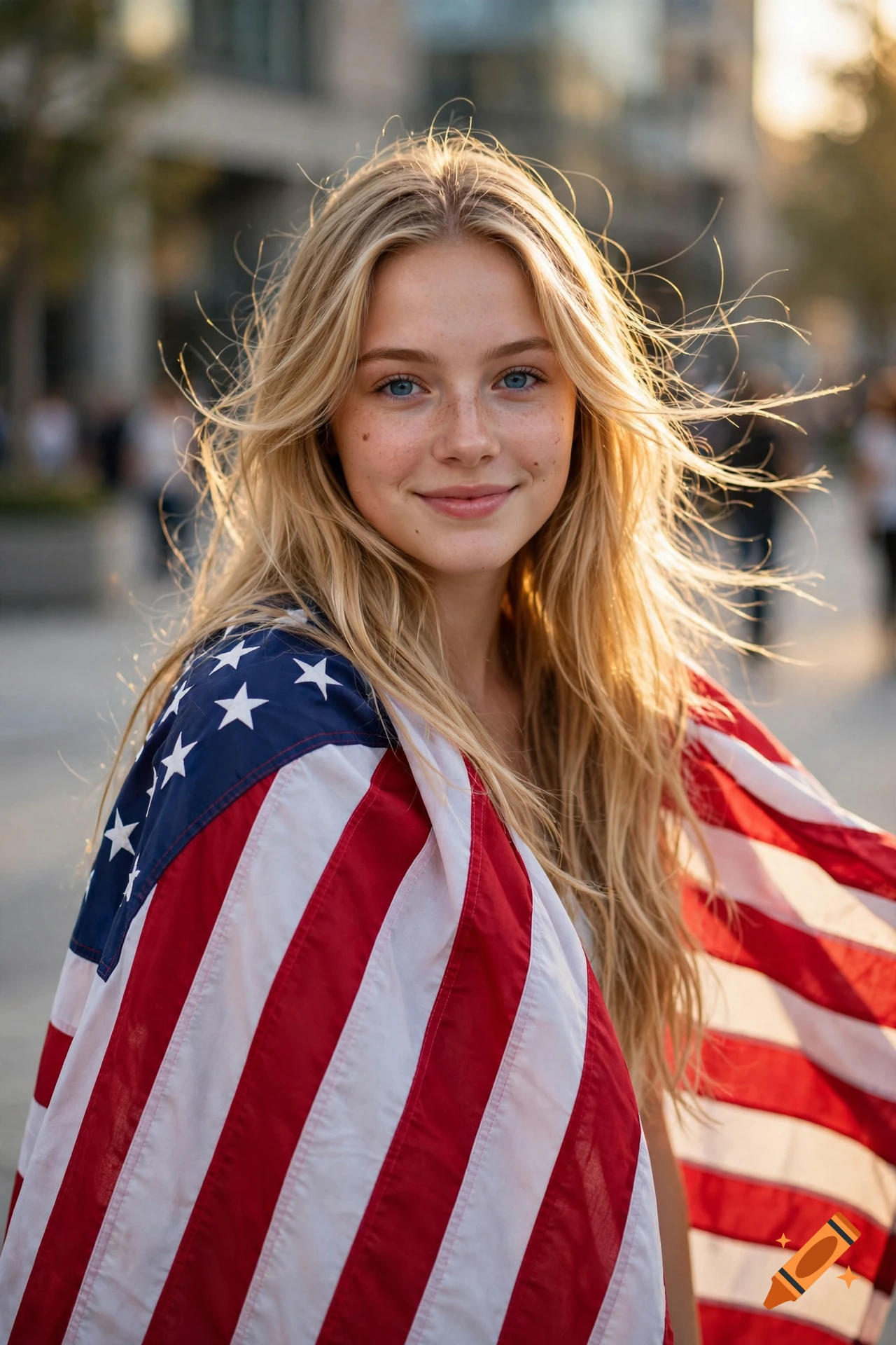 Photorealistic portrait of a smiling young blonde woman with blue eyes and freckles wrapped in an American flag cape.