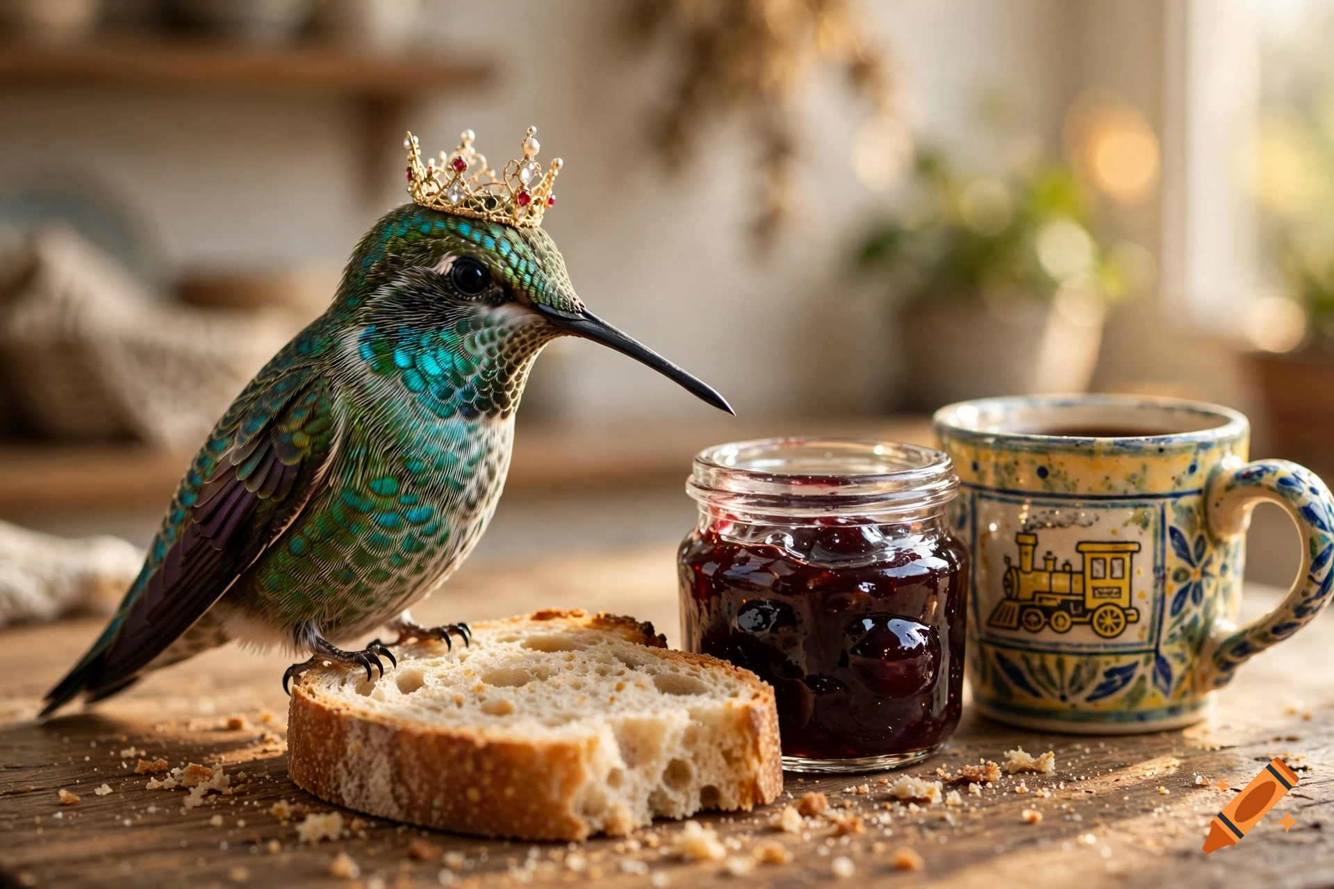 Photorealistic hummingbird wearing a small golden crown, standing on a slice of bread next to a jar of jam and a decorated mug.