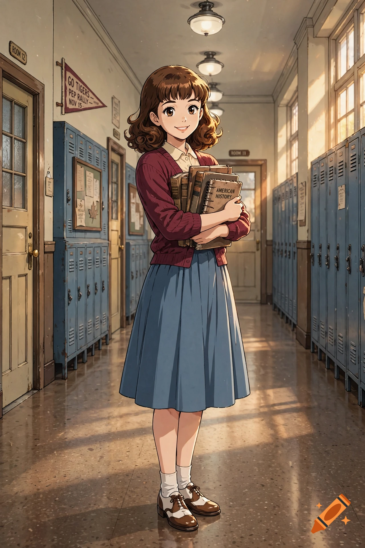 Anime-style illustration of a 1950s high school student holding books in a locker-lined hallway.