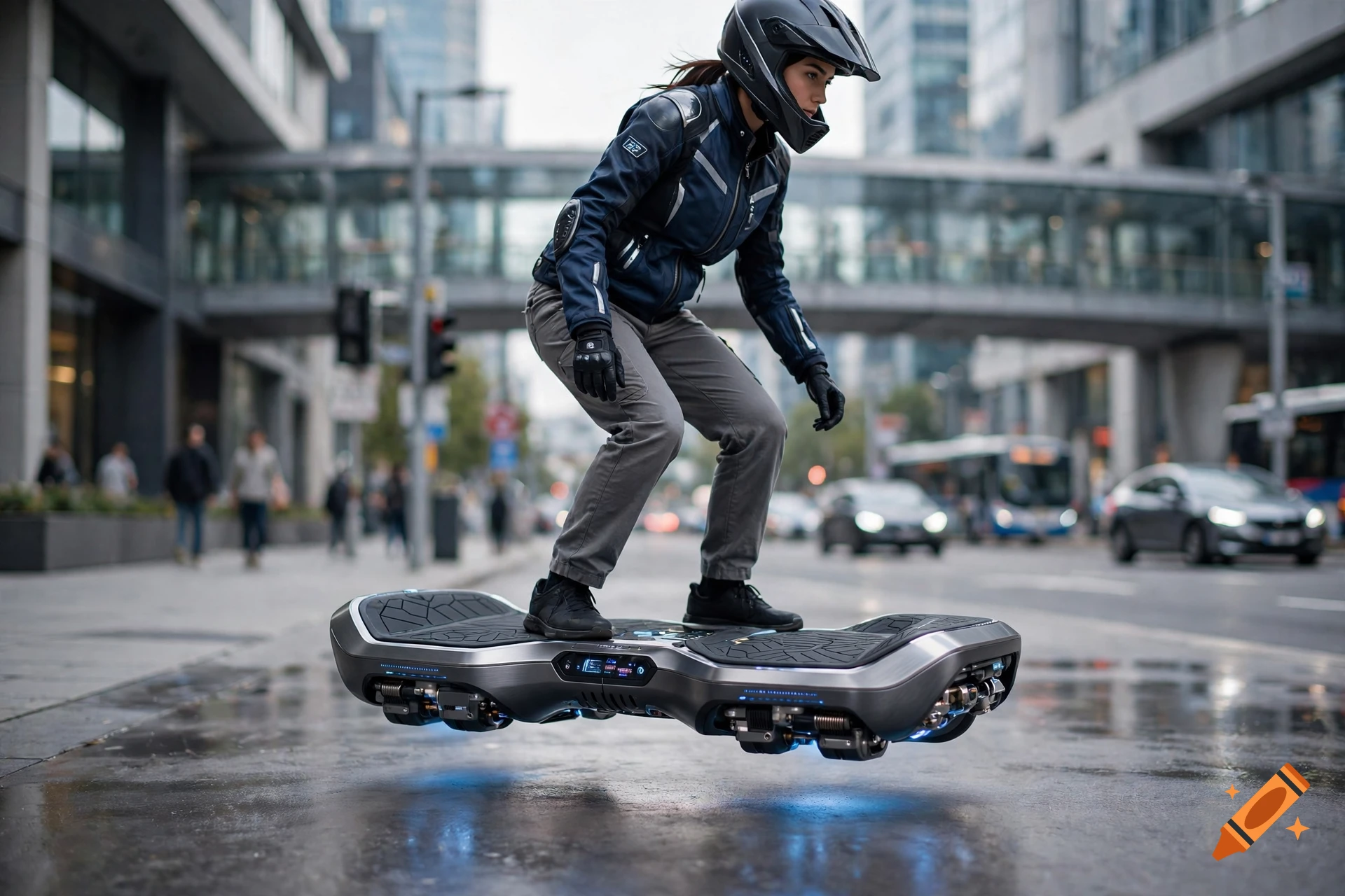 Photorealistic image of a person in a helmet riding a futuristic hoverboard through a city street.
