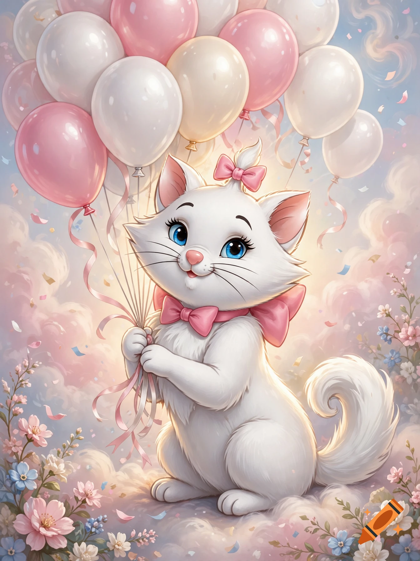 Digital art of Marie from The Aristocats sitting daintily holding pink and white balloons against a pastel sky with clouds and flowers.