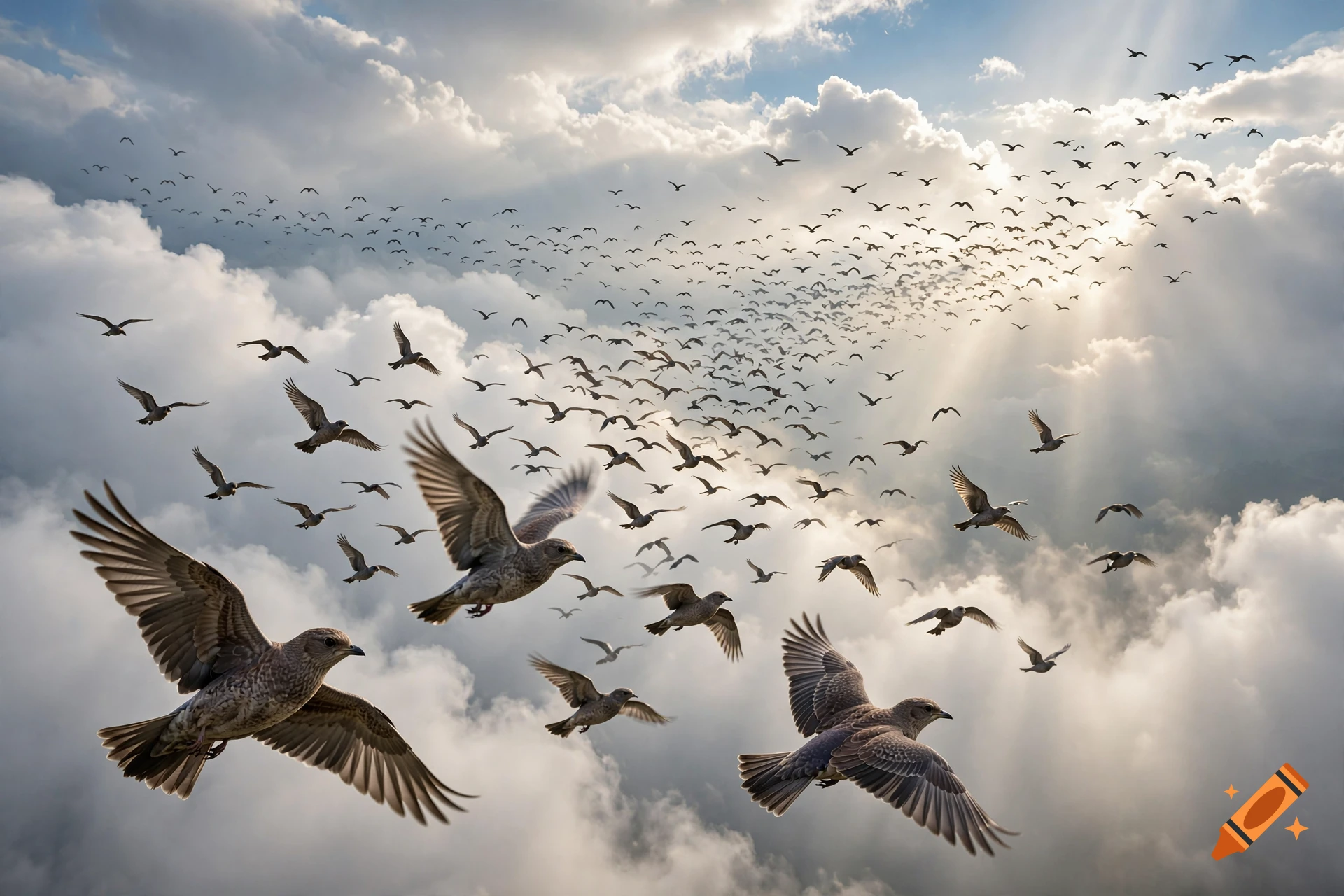 A large flock of birds flying through a cloudy sky with sunlight breaking through the clouds, photorealistic.