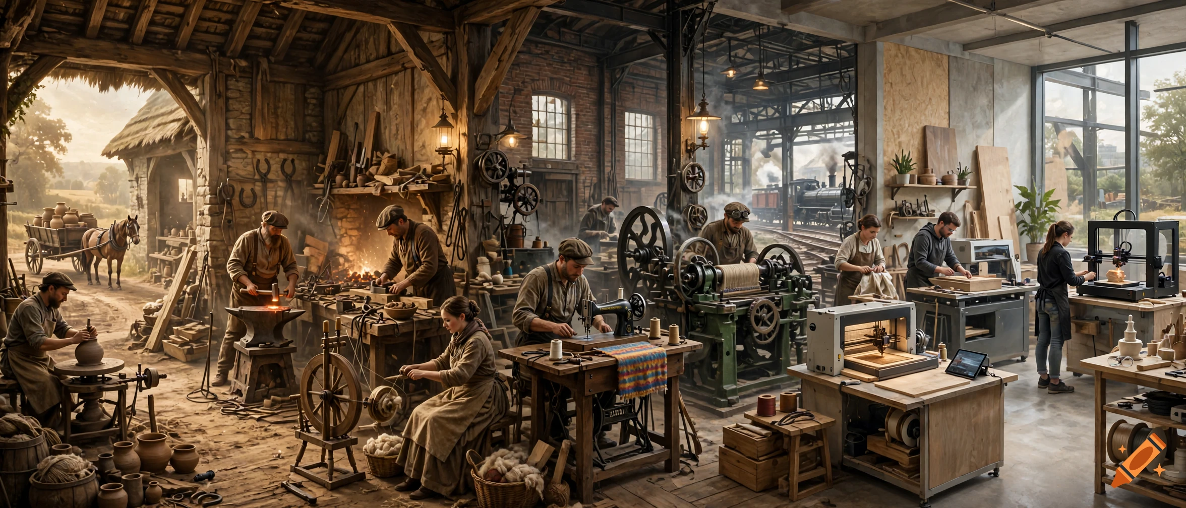 Panoramic illustration depicting the evolution of craftsmanship from 19th-century blacksmiths and tailors to modern 3D printing.