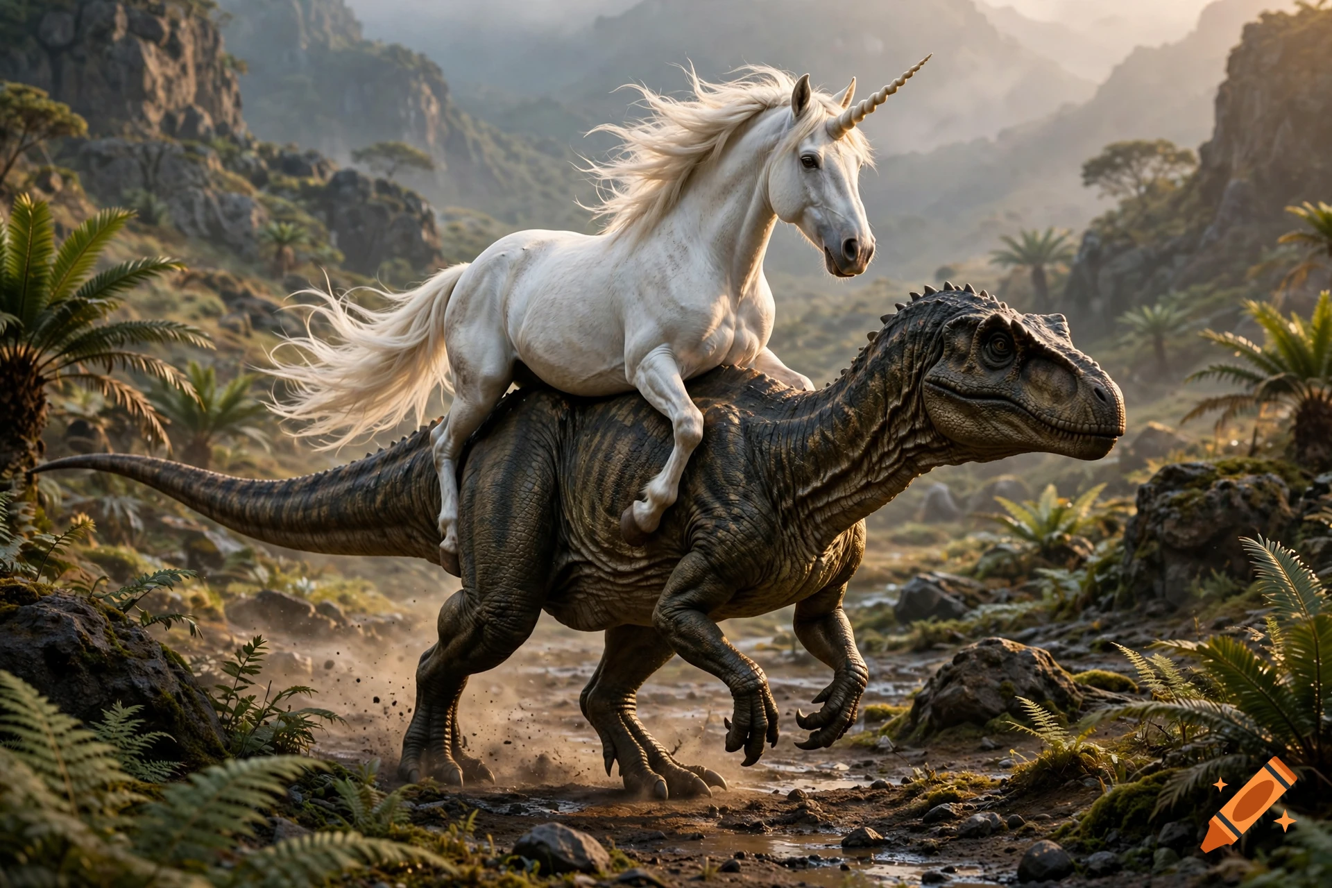 A majestic white unicorn riding on the back of a large dinosaur in a prehistoric jungle setting, photorealistic style.