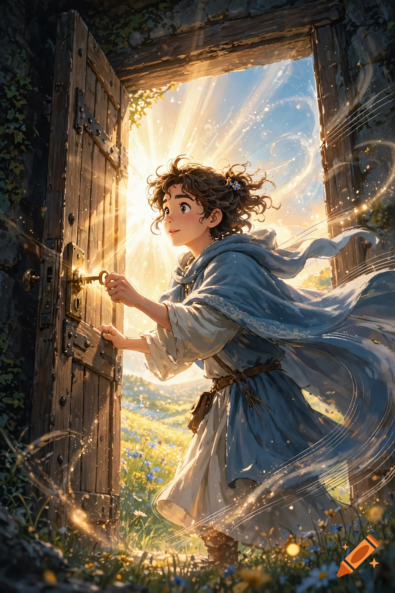 Animated style illustration of a person in a blue cloak opening an old wooden door, revealing bright sunshine and a meadow.