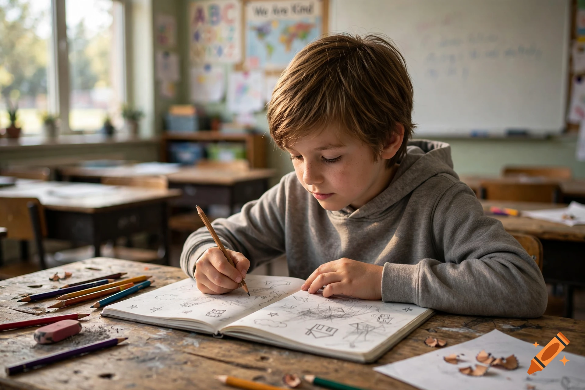A young boy with brown hair sitting at a wooden desk in a classroom, doodling in a notebook with a pencil.